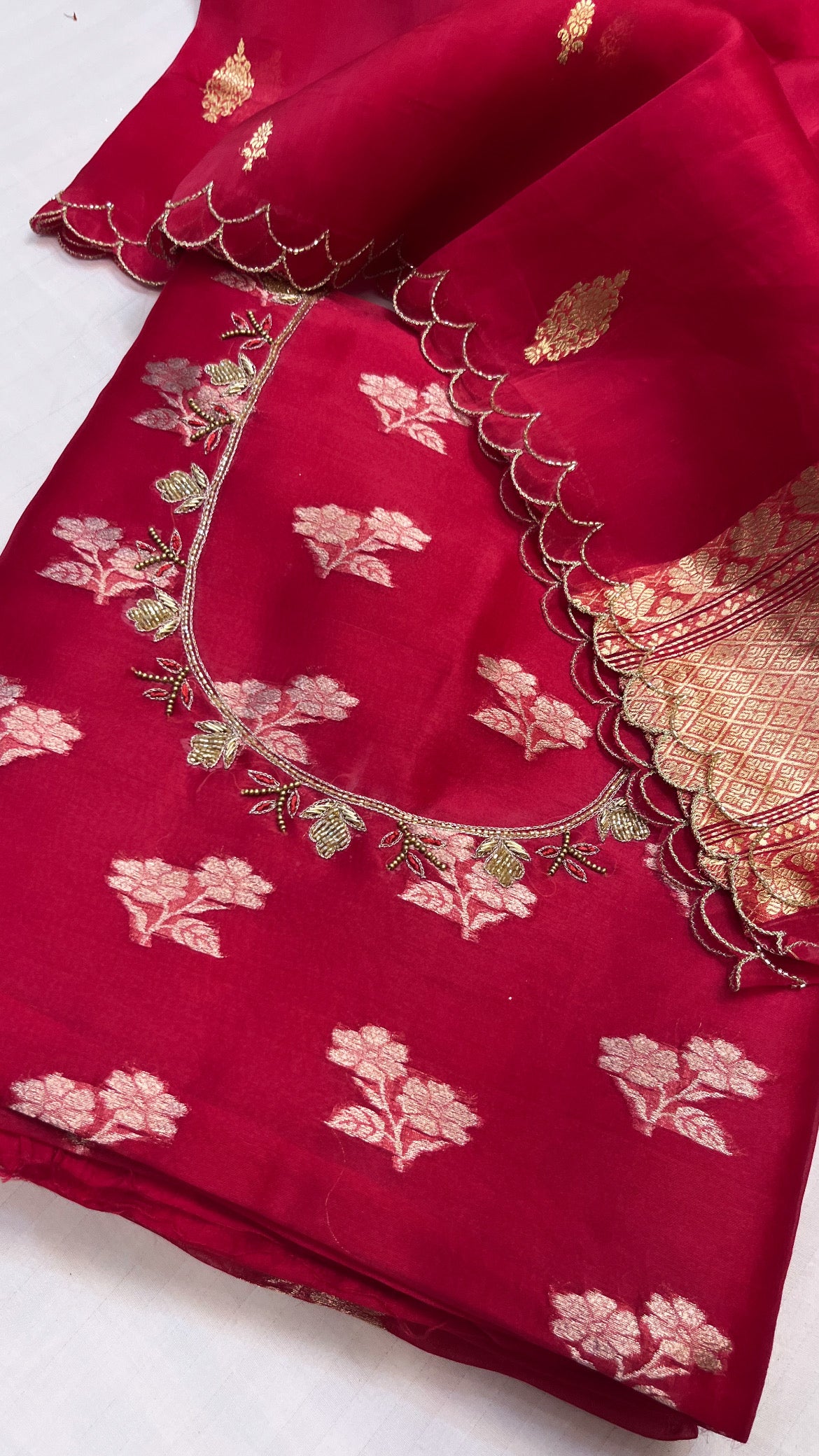 Heeramandi red kora silk hand embroidered kadhwa suit set