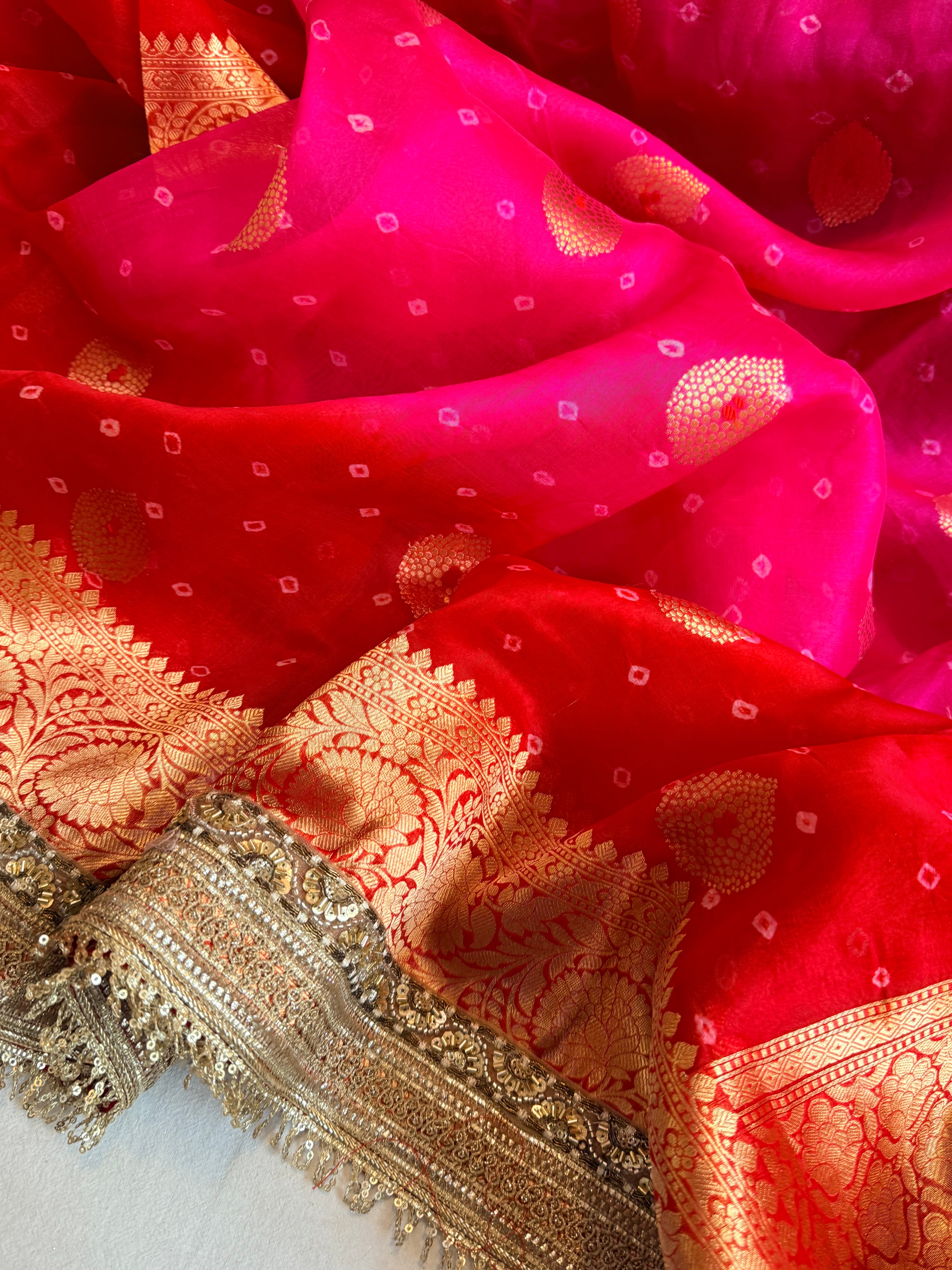 Mayra wali saree - Kora silk bandhej work meenakari gotapatti saree