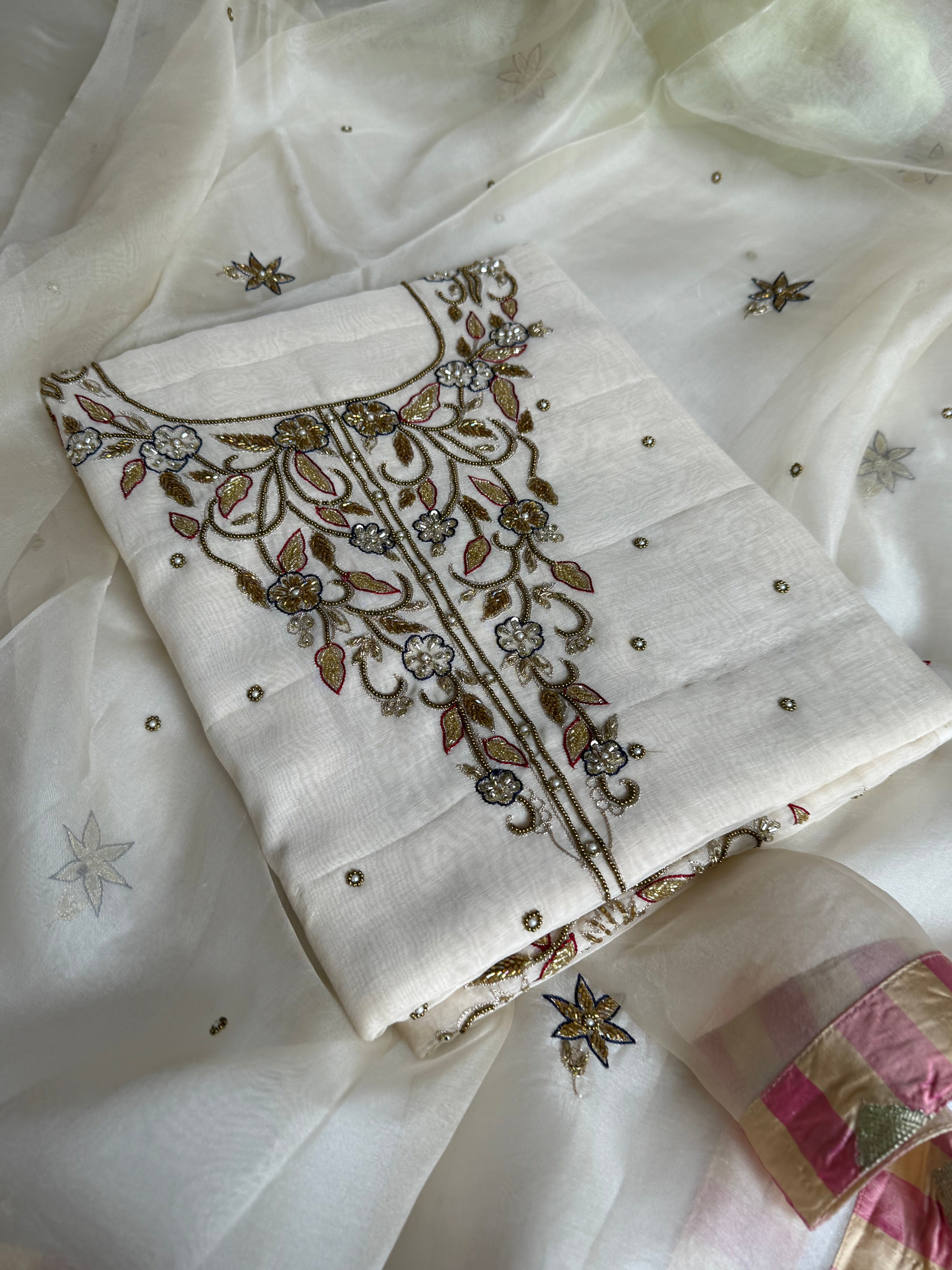 Banarasi formal wear mul cotton heavy hand embroidered suit set with kora silk banarasi border duppata