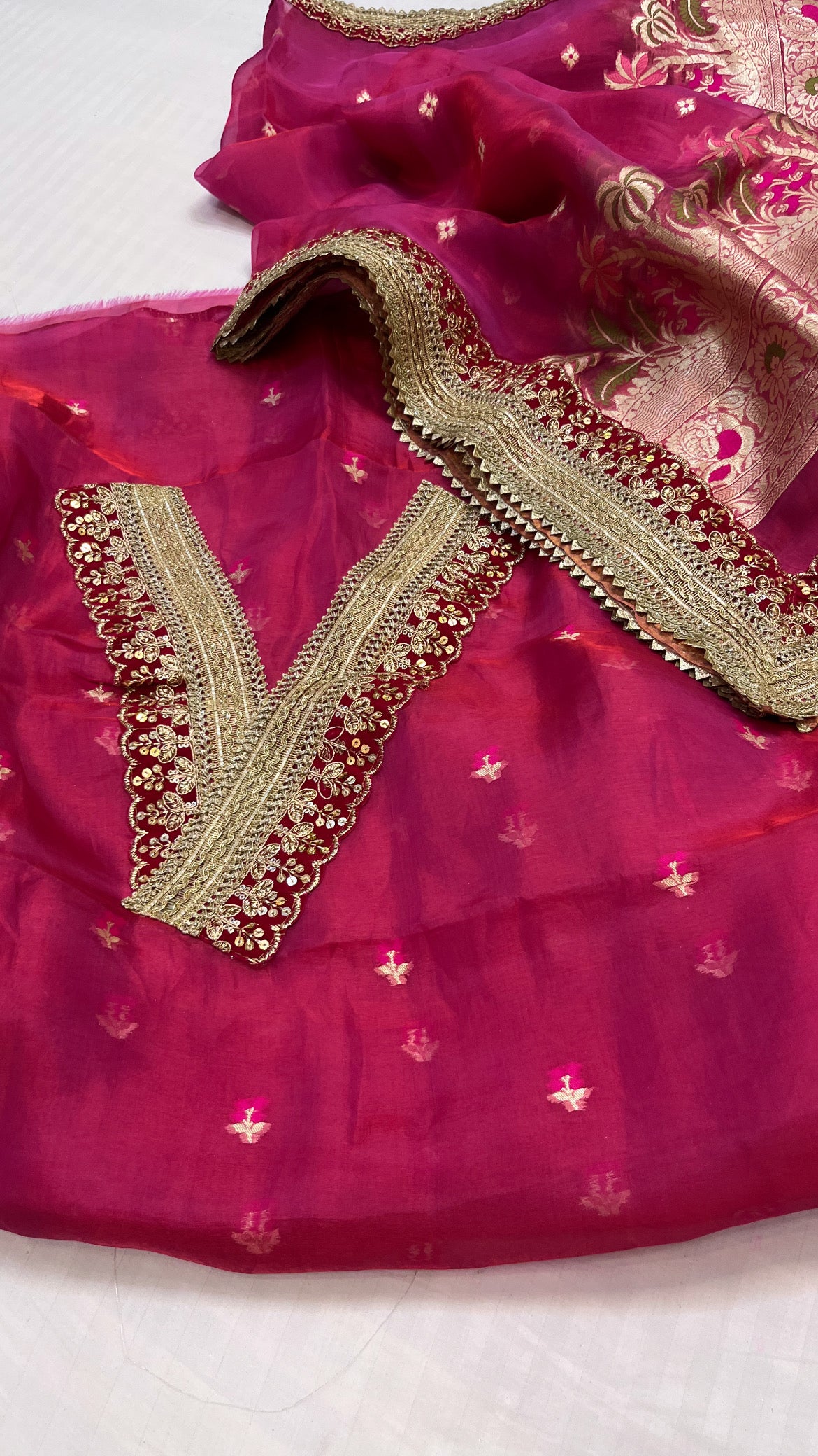 Heeramandi rani pink tissue silk meenakari suit set