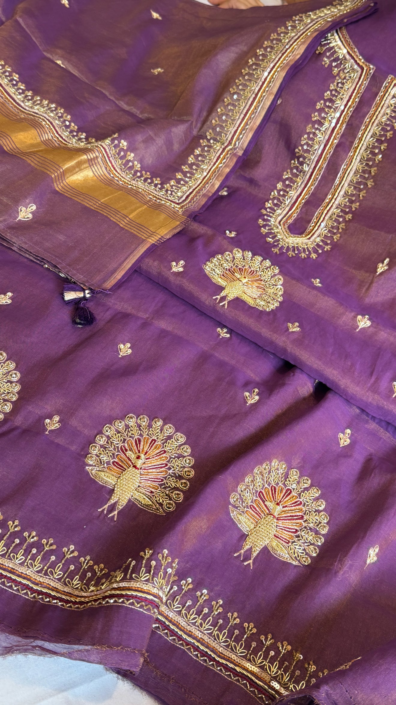 Deep purple mul cotton tissue silk hand embroidered kadhwa suit sets