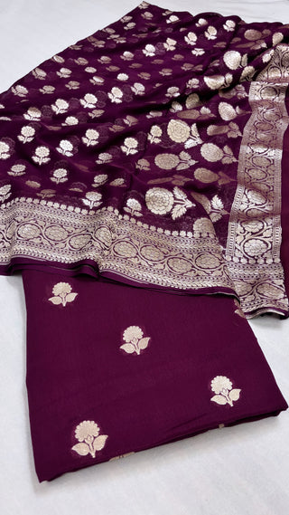 Bergundy banarasi gorgette kadhwa suit set