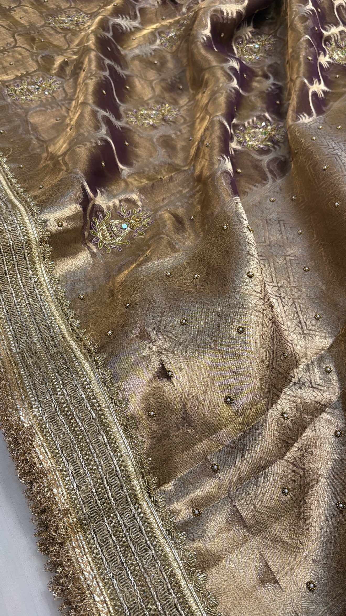 Wedding edit - Husn rose brown tissue silk kadhwa jungla hand embroidered saree