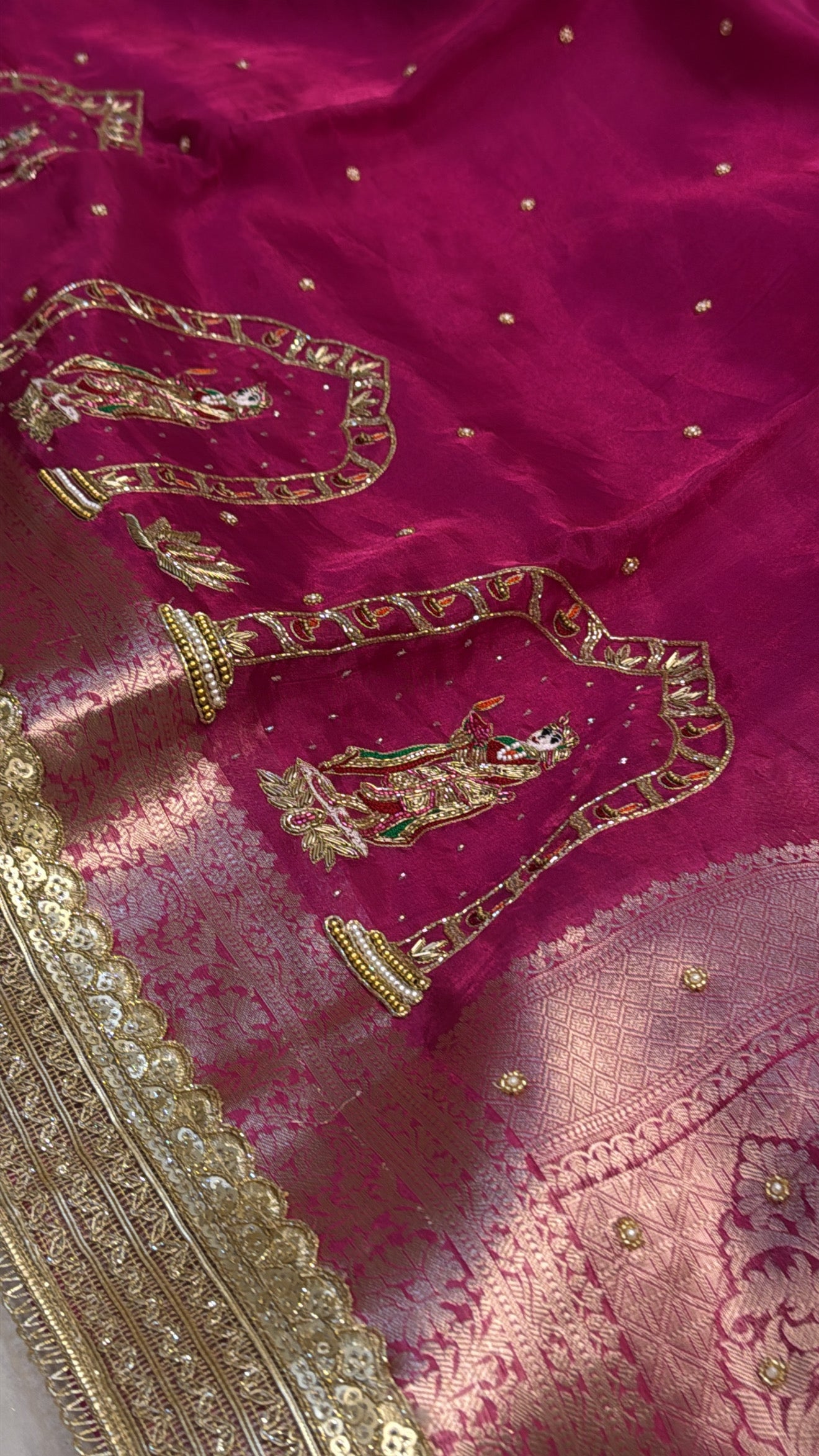 Fuchsia pink husn tissue silk hand embroidered kadhwa saree