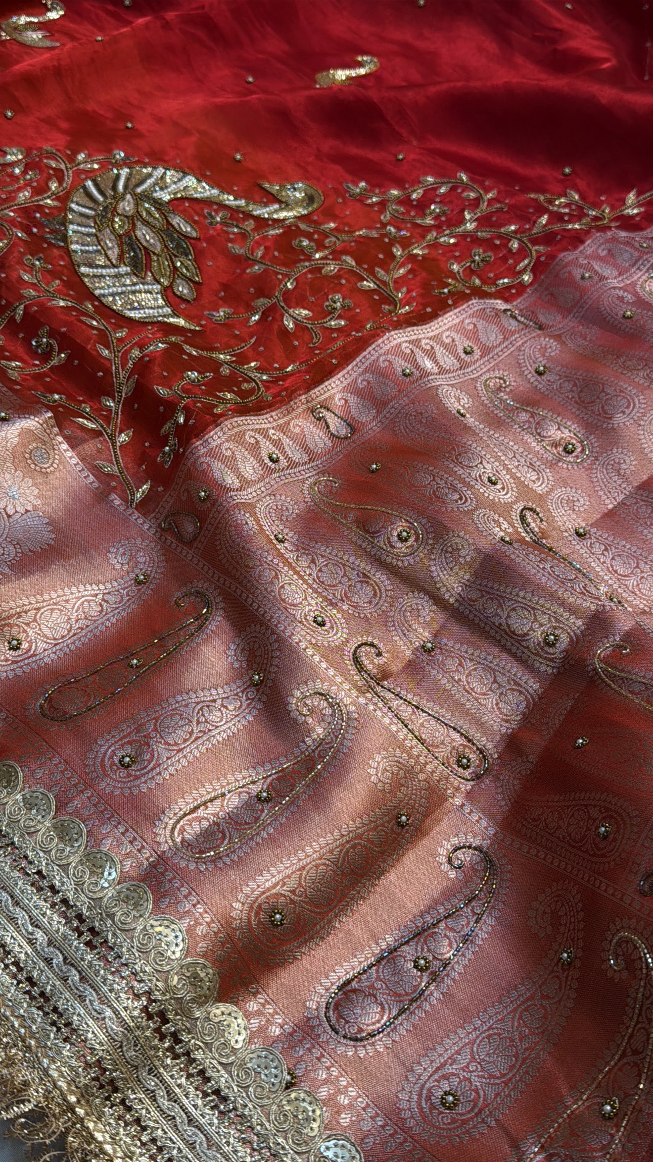 Dulhan ka joda husn red tissue silk hand embroidered saree