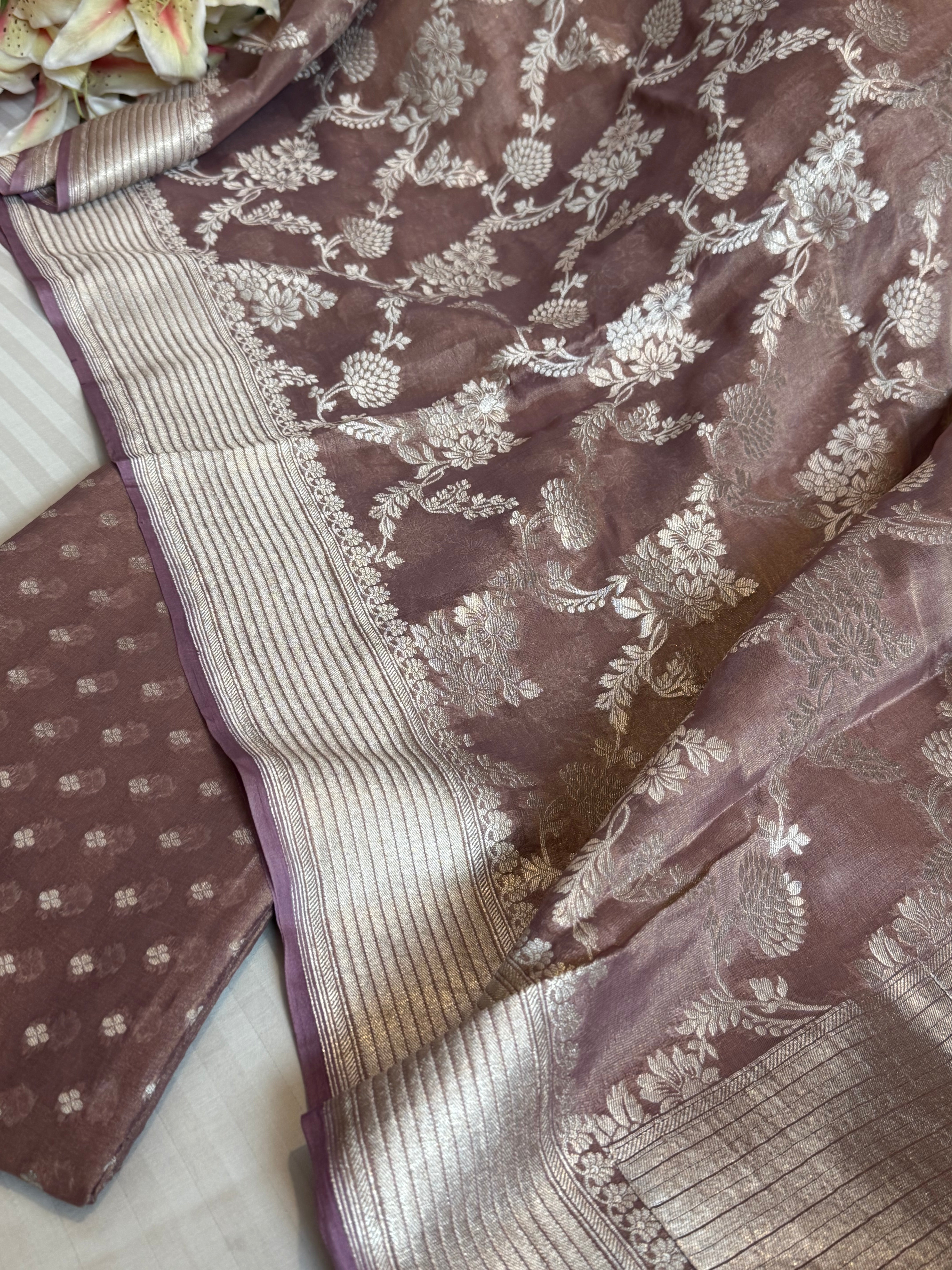 Rose peach banarasi silver zari tissue gorgette kadhwa buti suit sets
