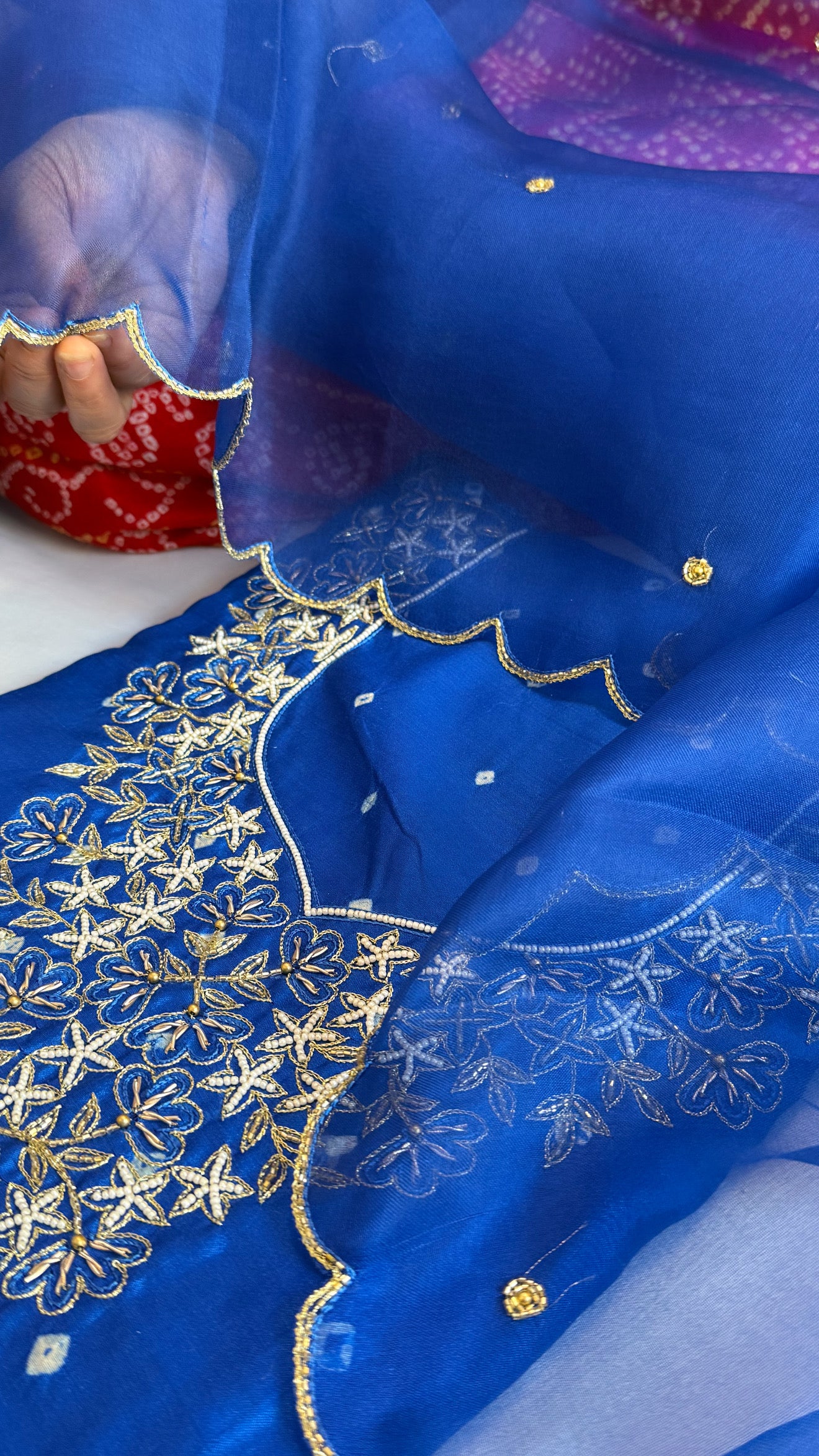 Electric blue raw mango bandhej hand embroidered kadhwa suit set