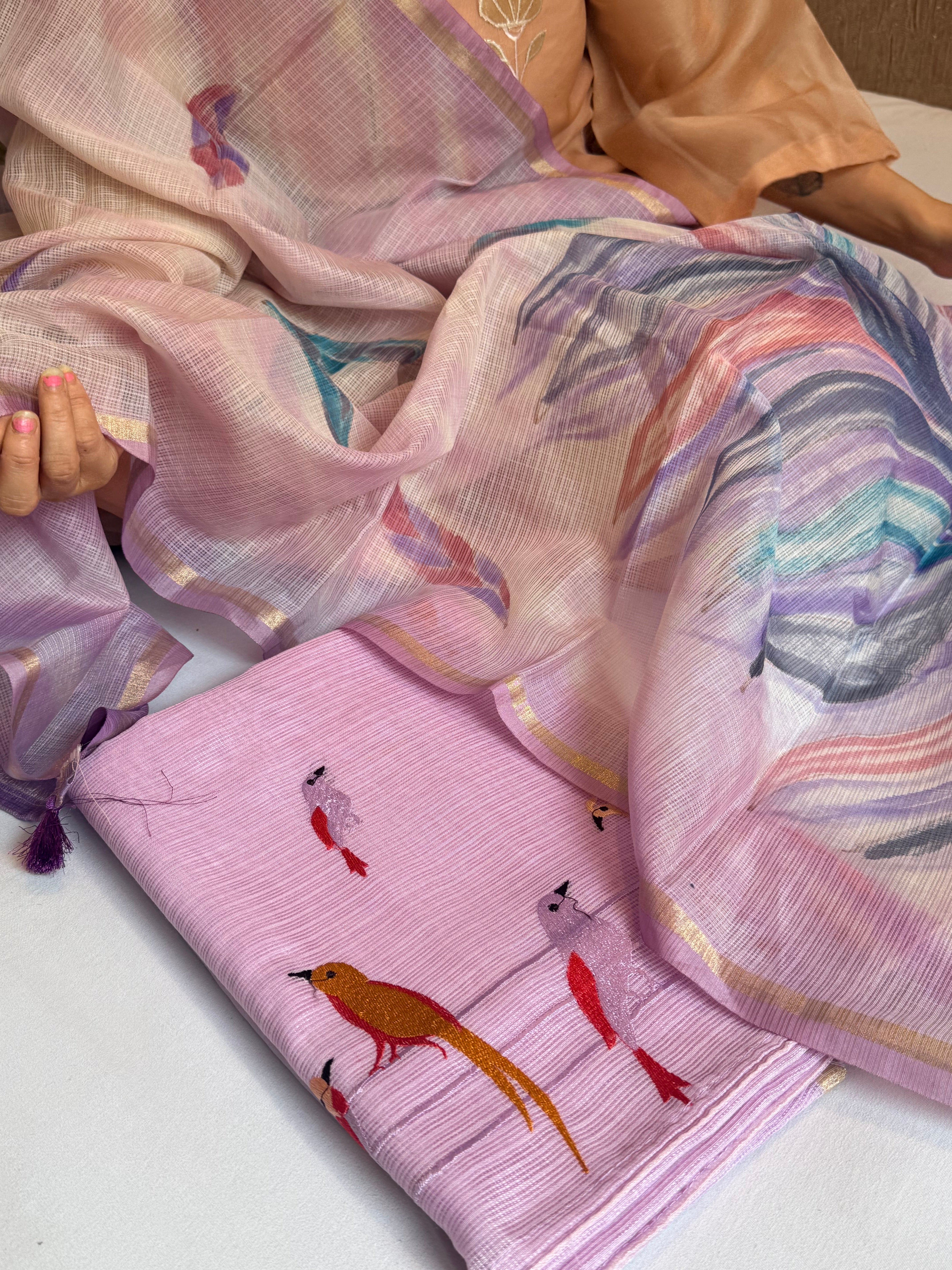 BELOW 8K - Lavender cotton kota silk resham work banarasi suit set