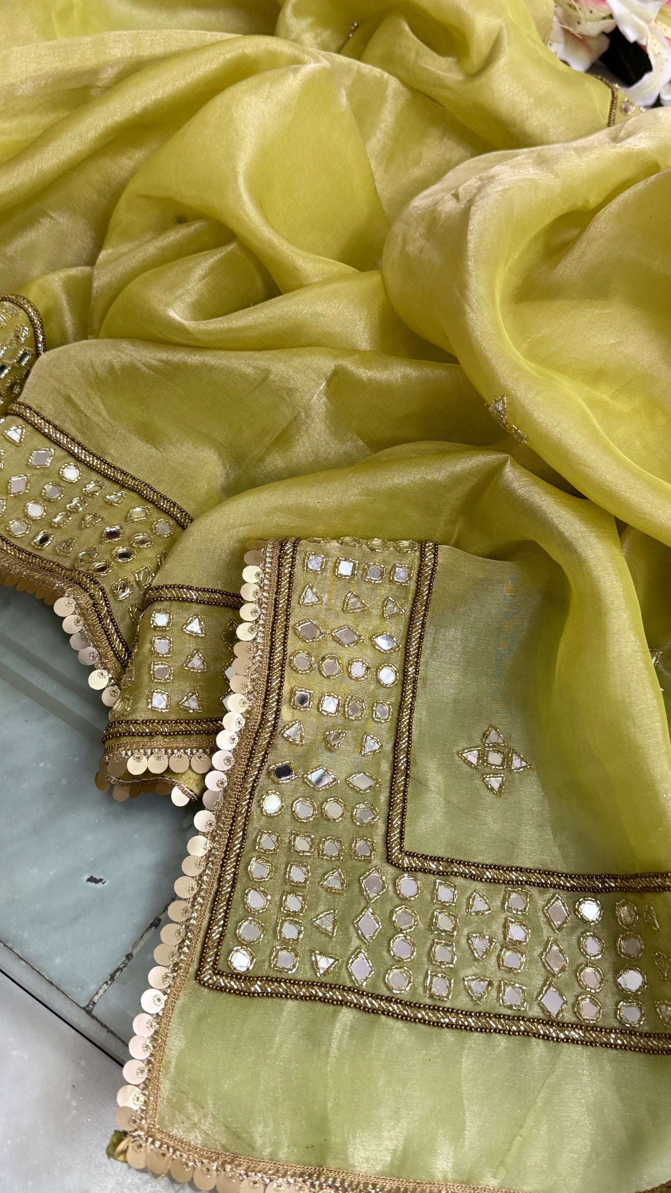 Engagement wali saree - Lime green mirror work hand embroidered kadhwa saree