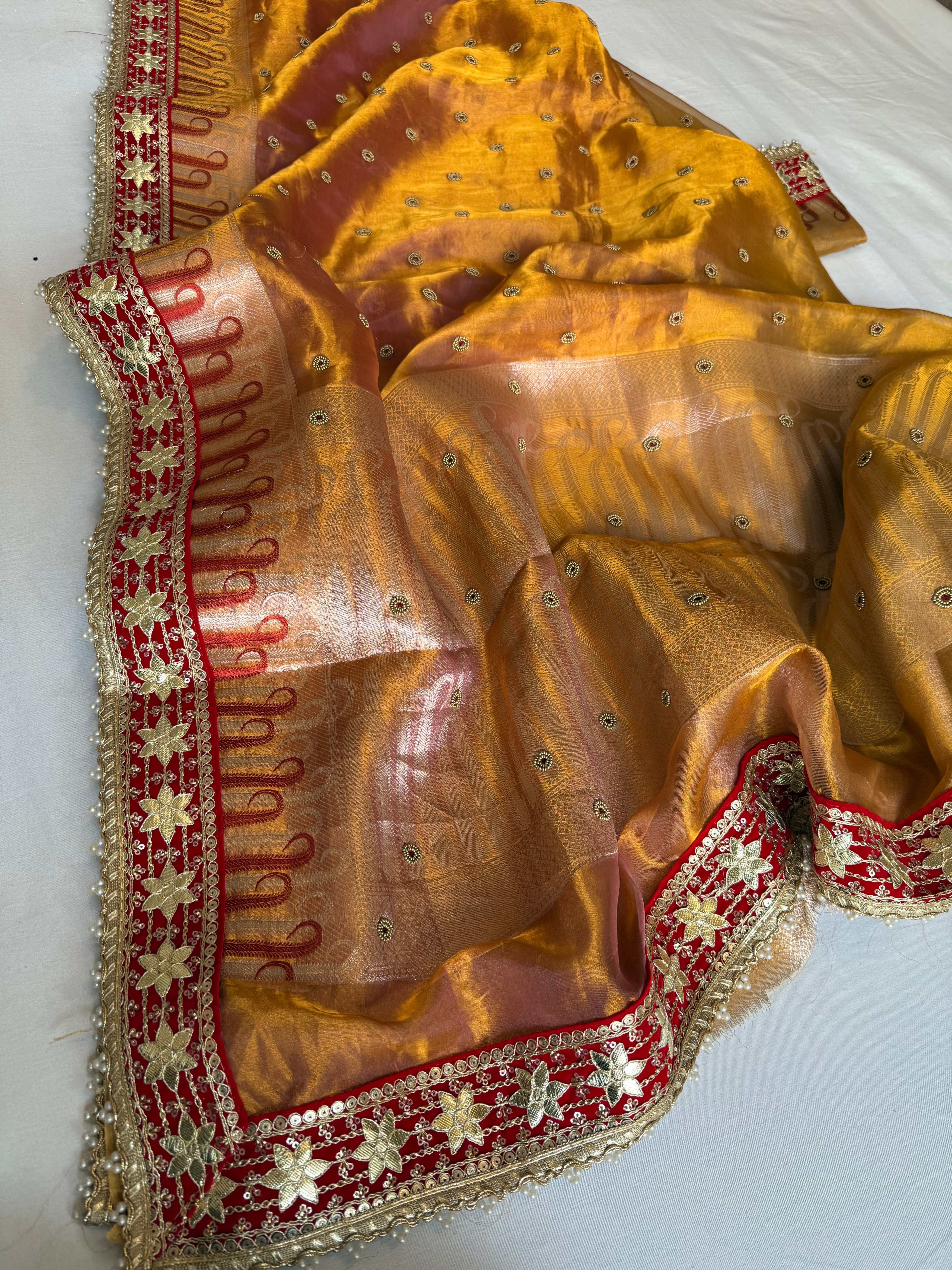Kanjivaram gold tissue silk red meenakari hand embroidered kadhwa saree