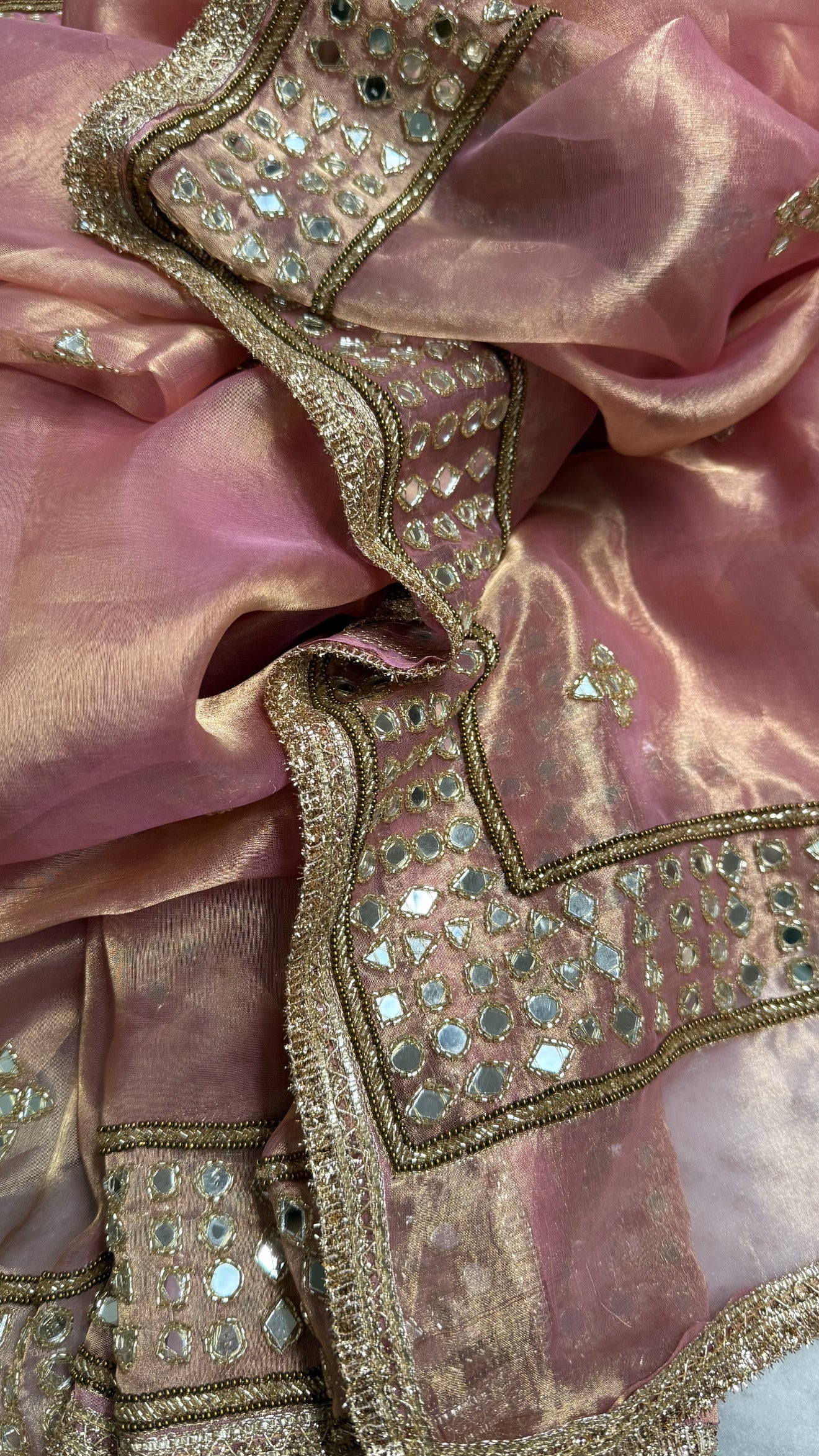 Engagement wali saree - Blush pink diamond tissue silk mirror work hand embroidered saree