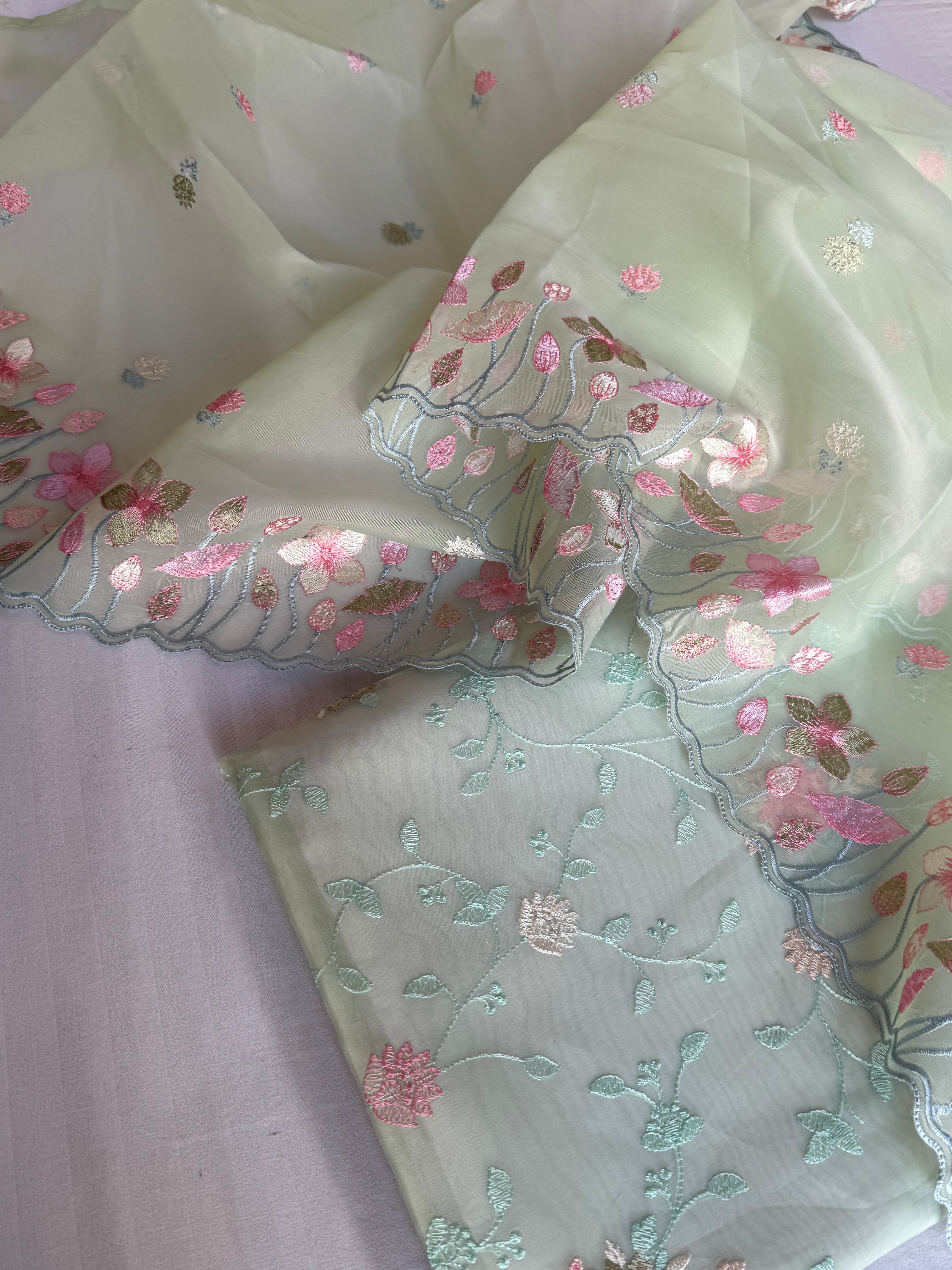 Mint green banarasi kora silk Parsi gara hand embroidered kadhwa suit set