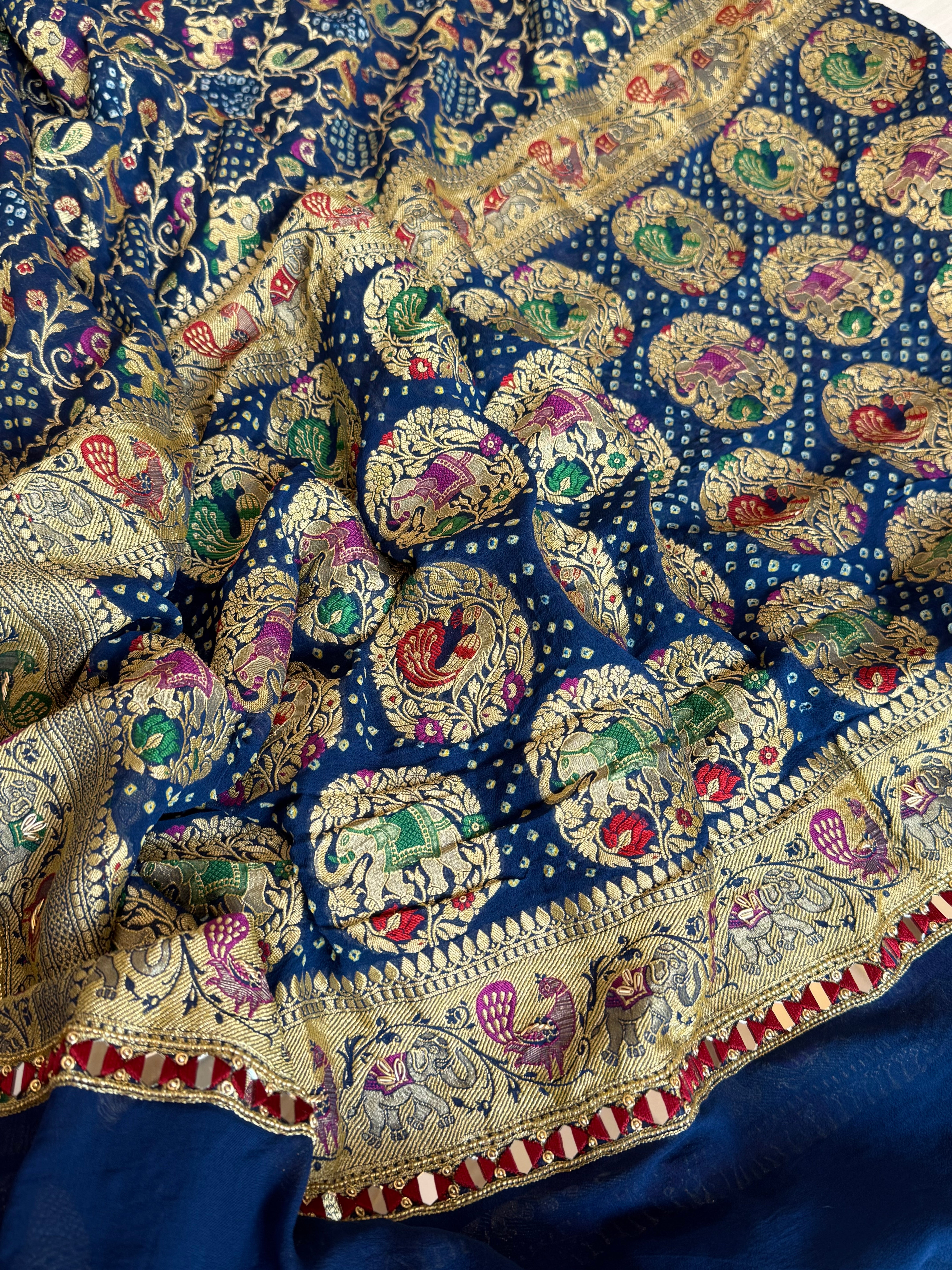 Mirror work banarasi bandhej shikargah motif heavy hand embroidered saree