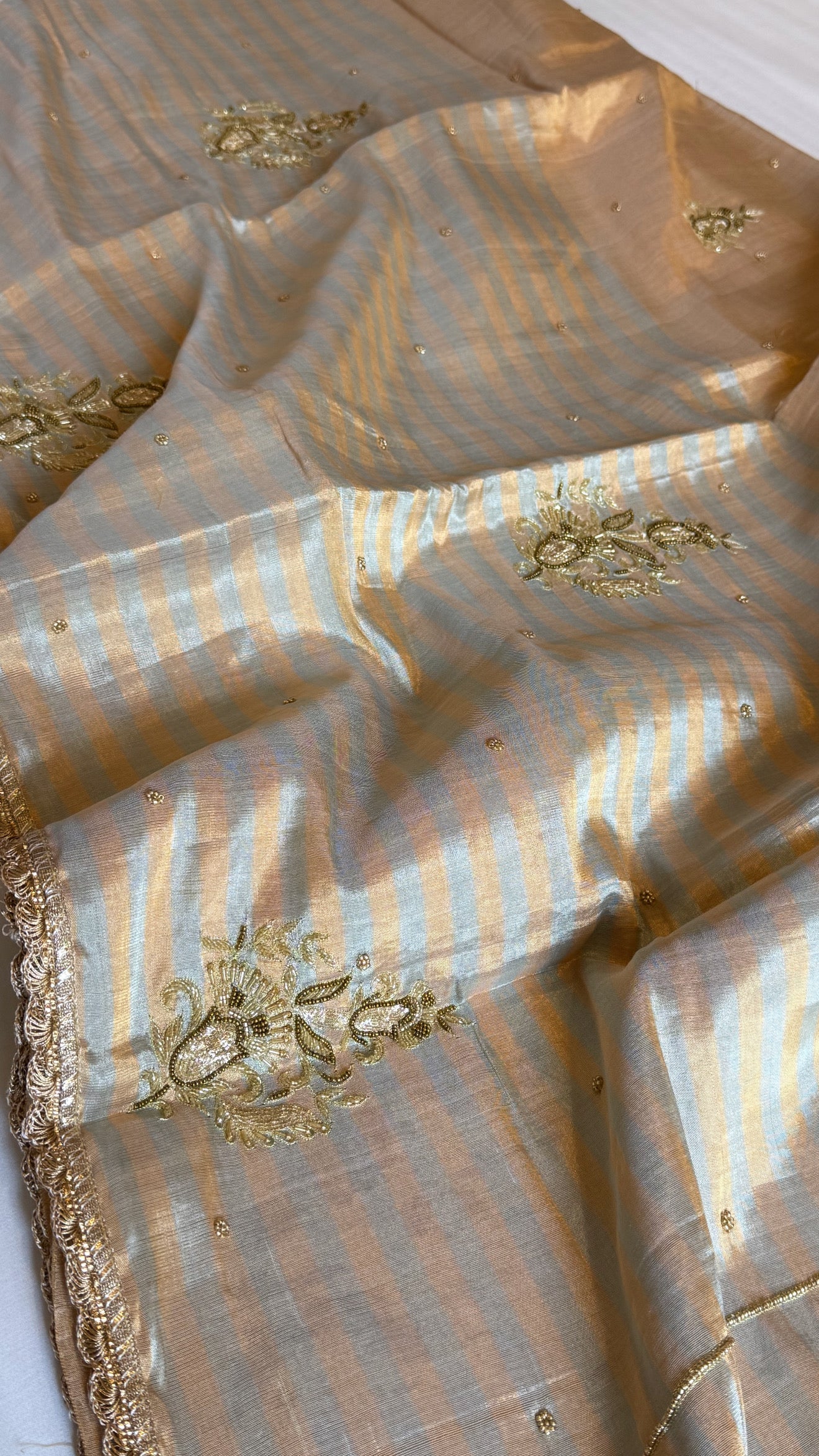 Golden satin tissue silk heavy hand embroidered kadhwa saree