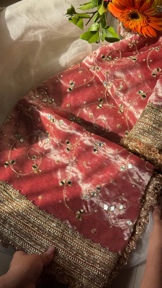Gajri sheeshmahal saree - Mirror work hand embroidered heavy banarasi tissue silk saree