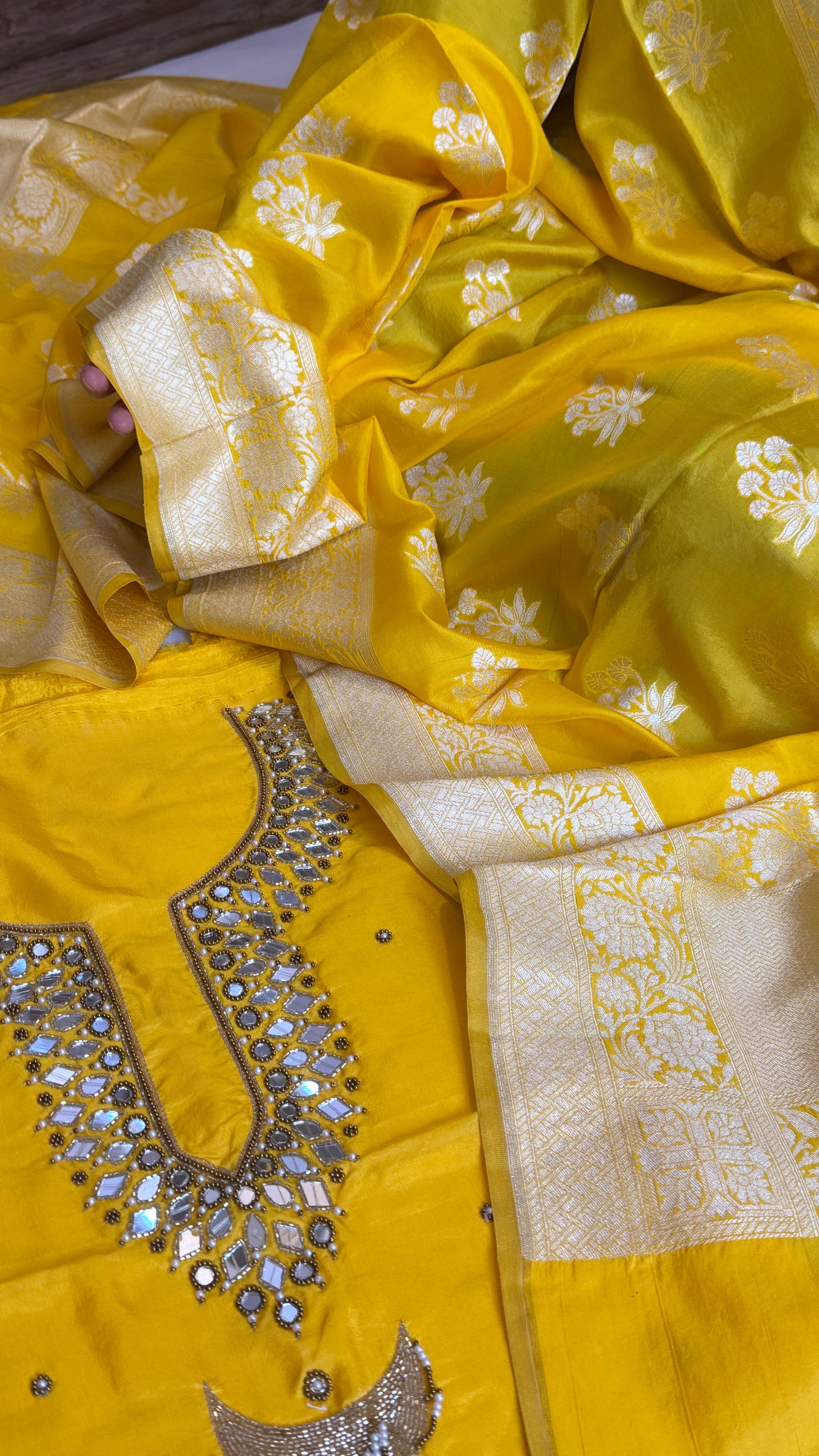 Sheesham haldi yellow mirror work hand embroidered katan silk kadhwa suit set