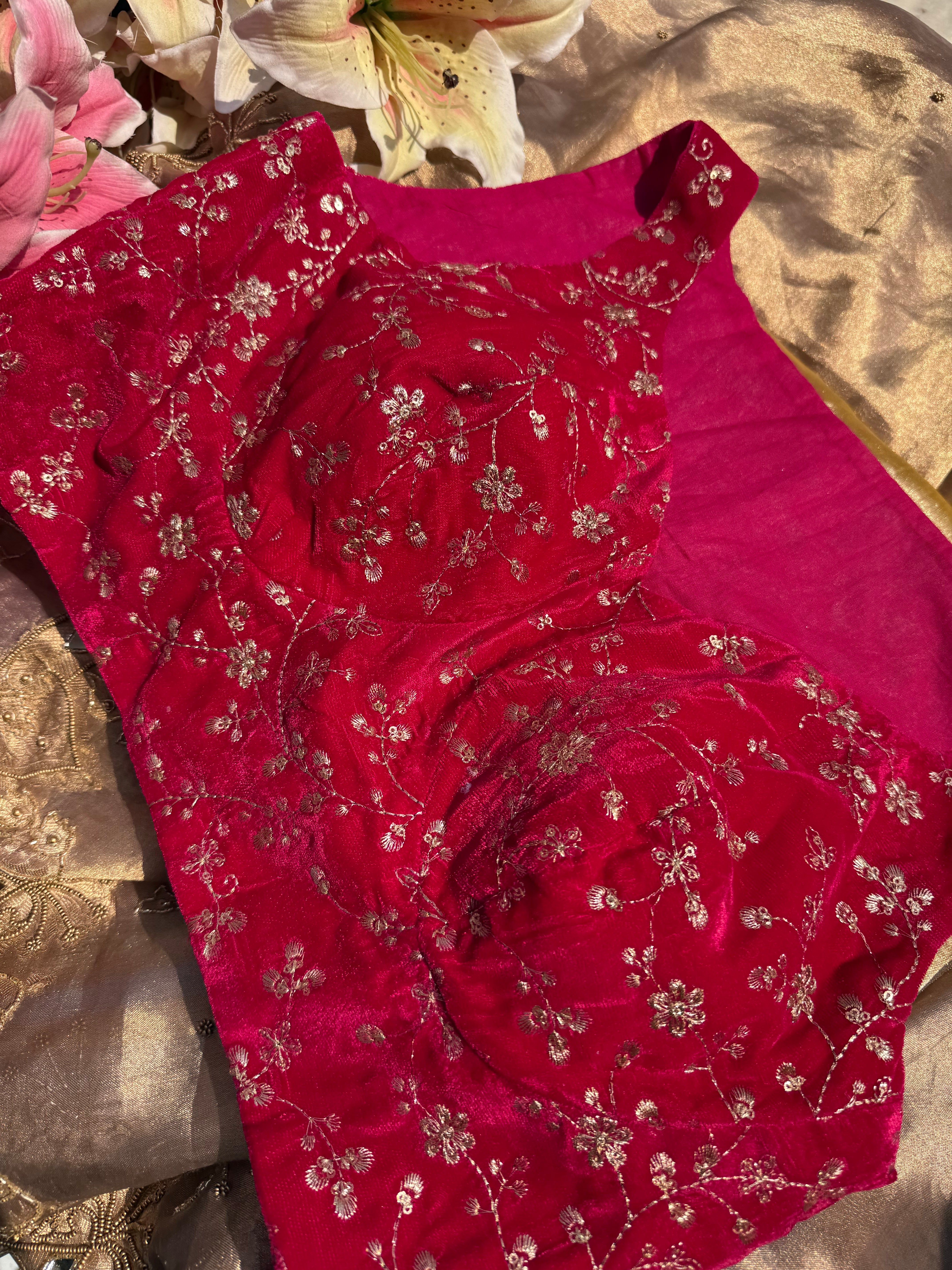 Free size velvet rani pink hand embroidered blouse