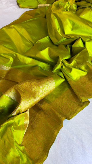 Banarasi lime green katan silk suit set