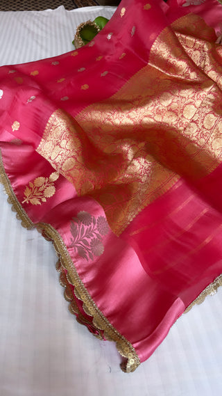 Cranberry pink shade leela kora silk saree with satin borders