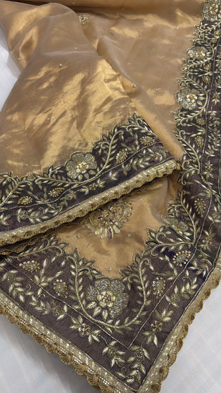 Banarasi heavy zardozi border tissue silk hand embroidered saree