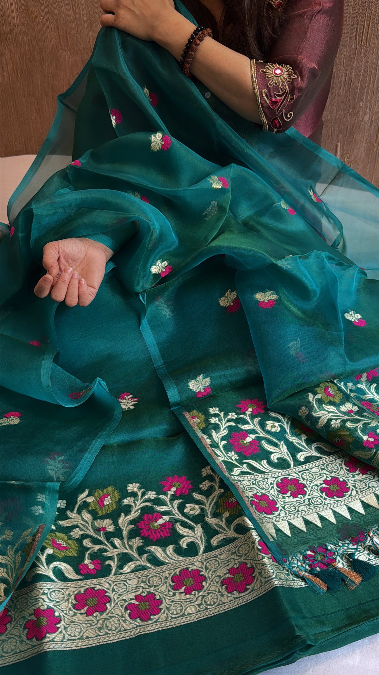 Emerald green dhup chao effect tissue silk meenakari kadhwa suit set