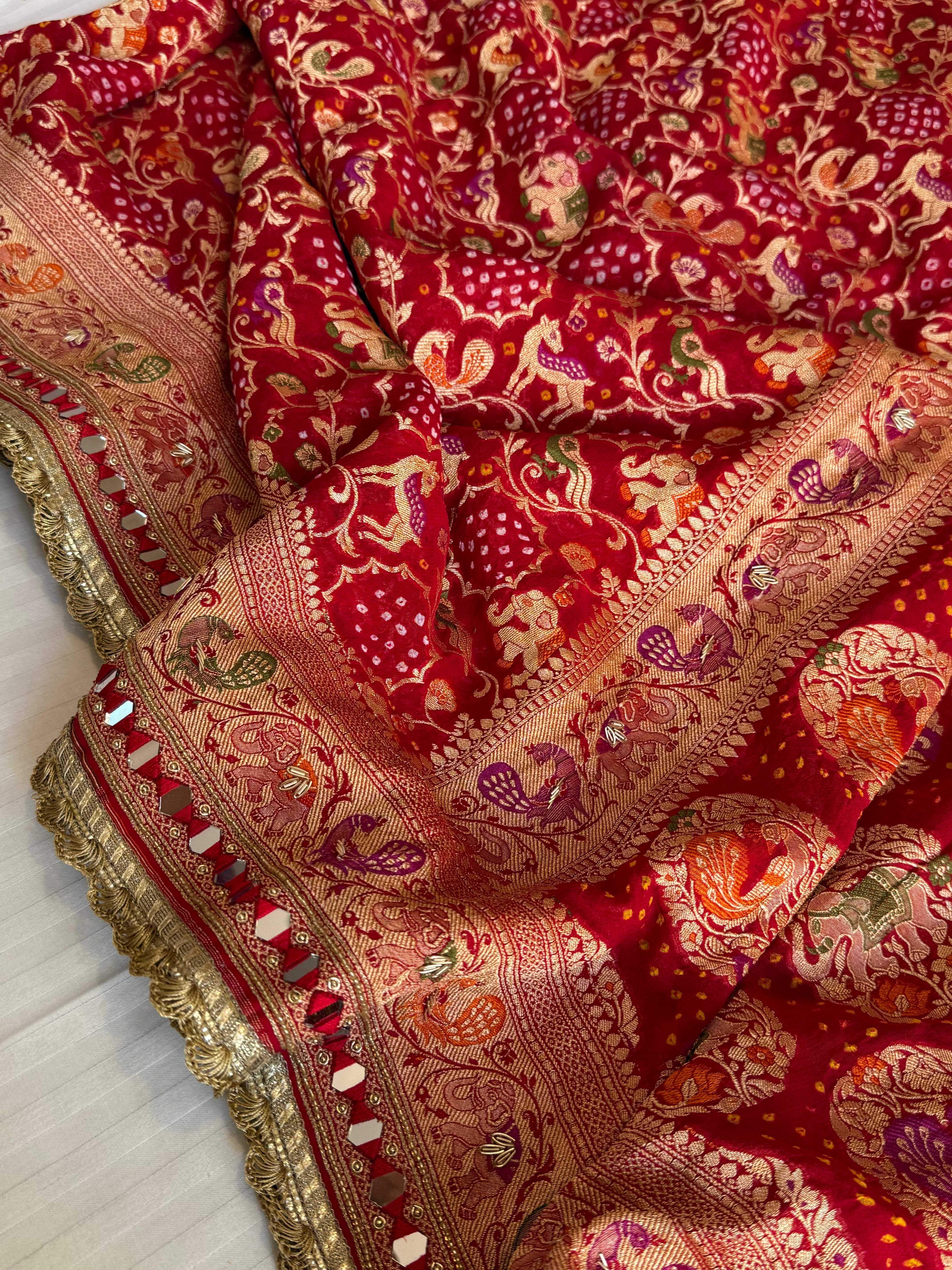 Mirror work shikargah motif hand embroidered banarasi bandhej saree