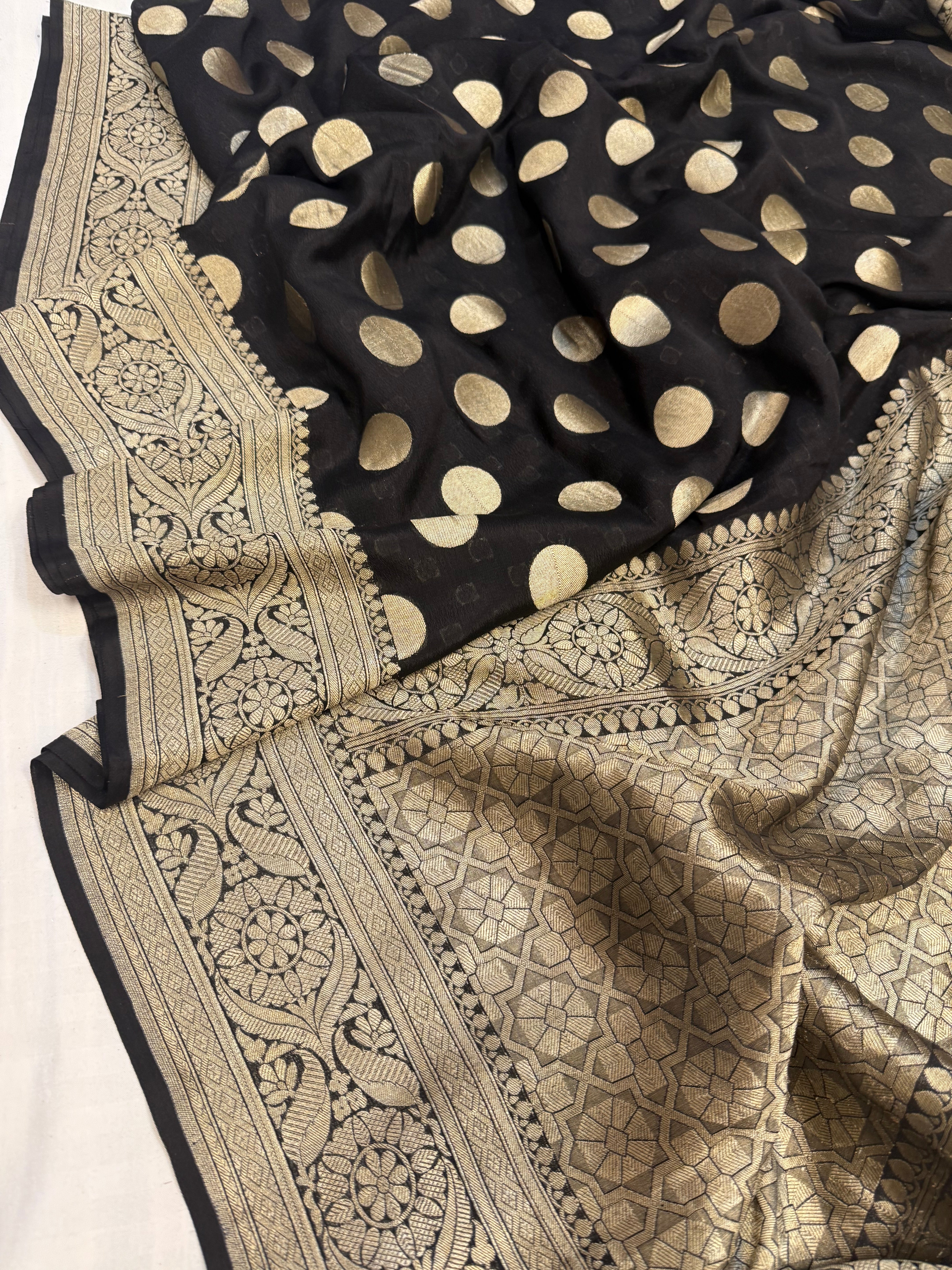 Black pure banarasi gorgette kadhwa round buti saree