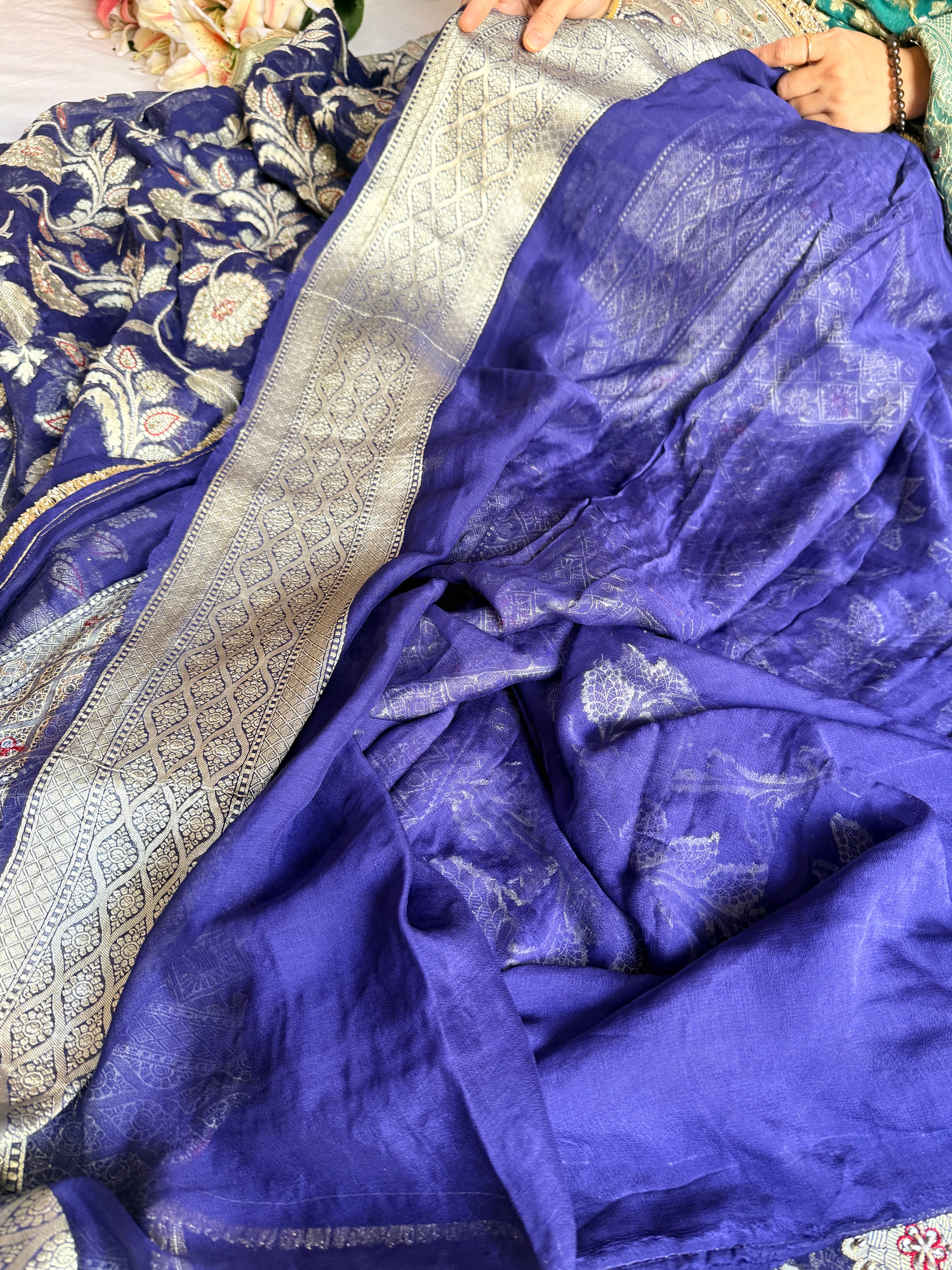 Banarasi chiffon gorgette kadhwa weaving hand embroidered saree