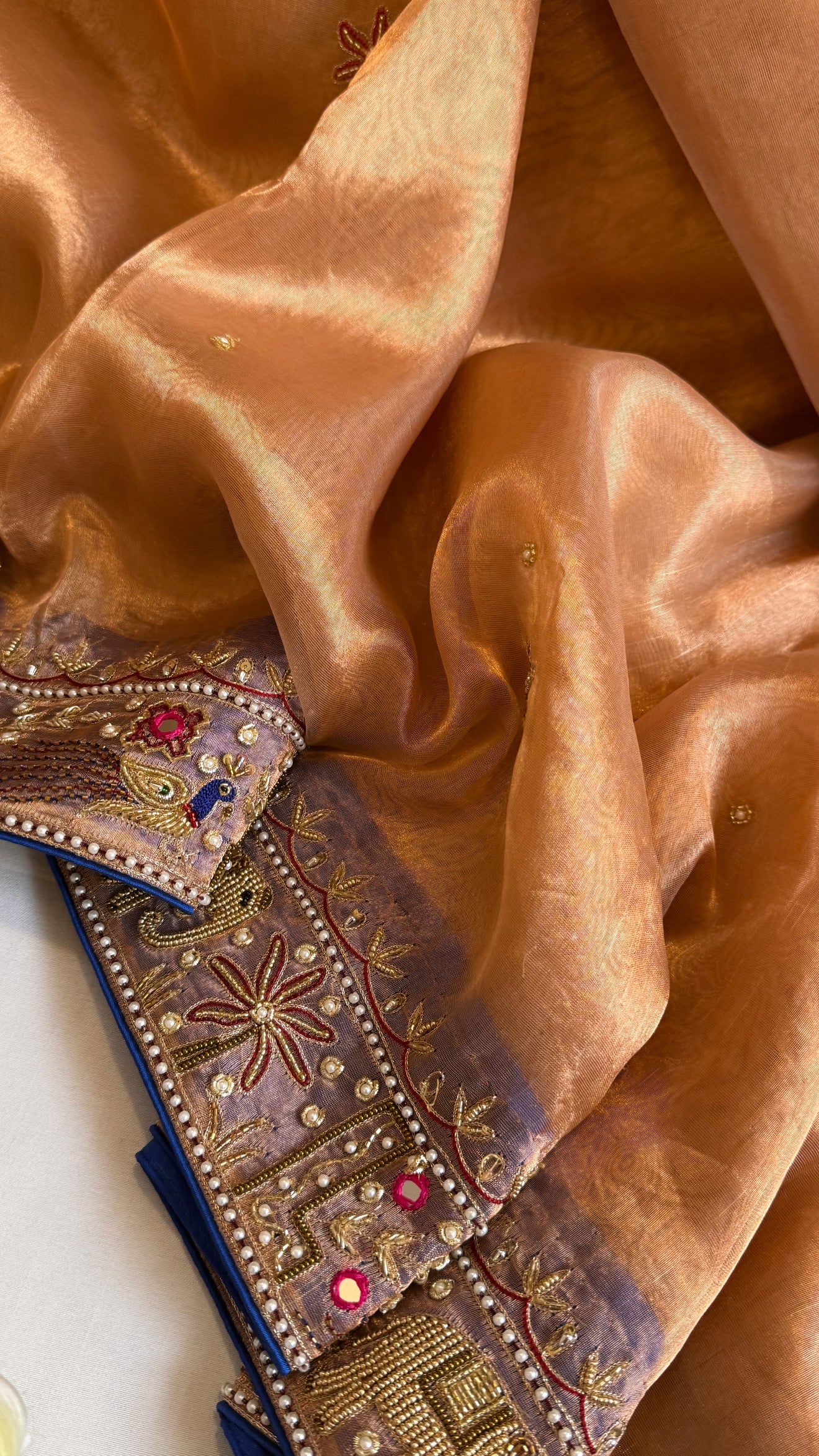 Sheeshmahal shikargah edit - Rose gold tissue silk hand embroidered elephant motif border kadhwa saree