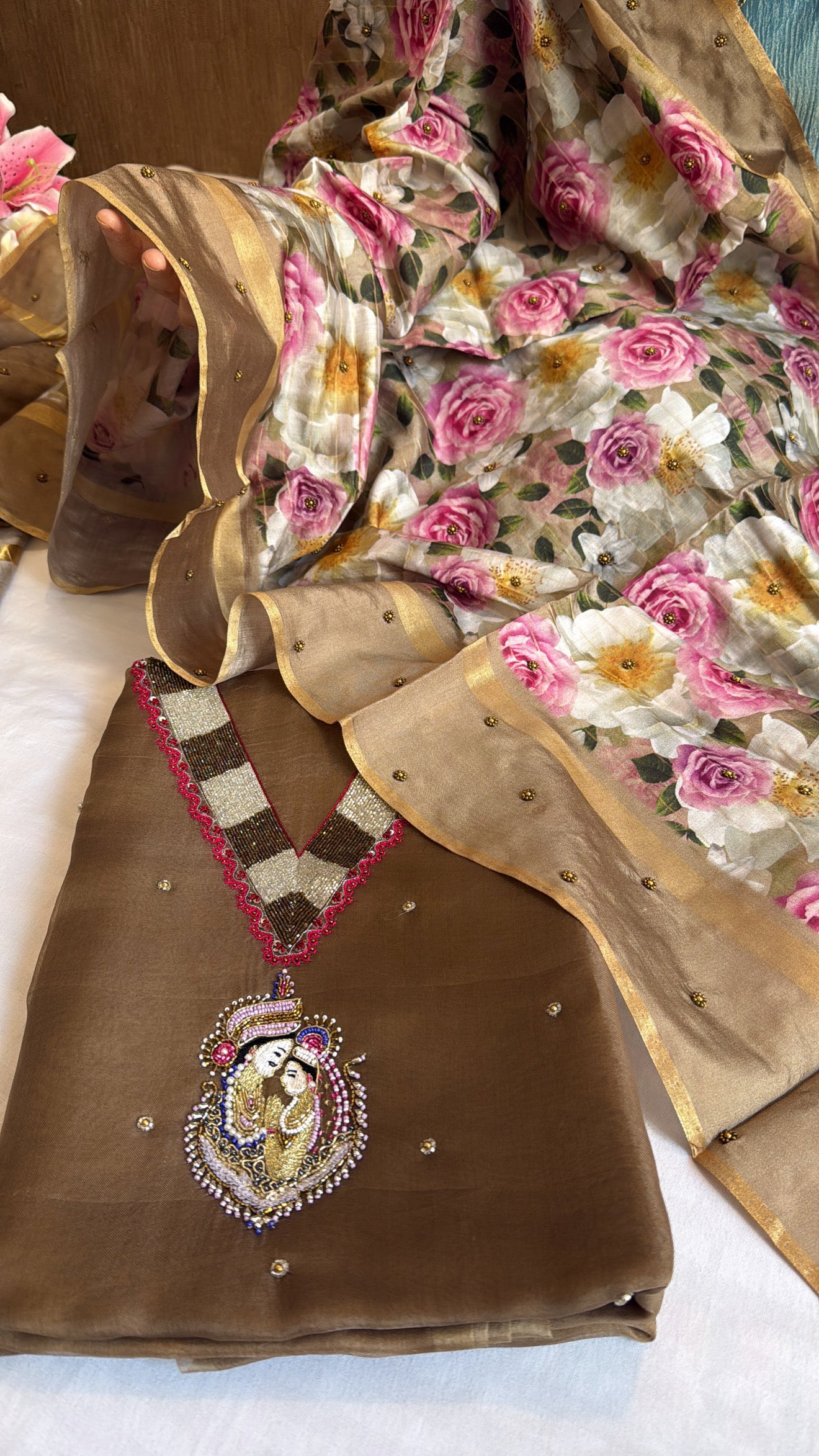 Kora silk rasleela neckline hand embroidered kurta paired with printed duppata set