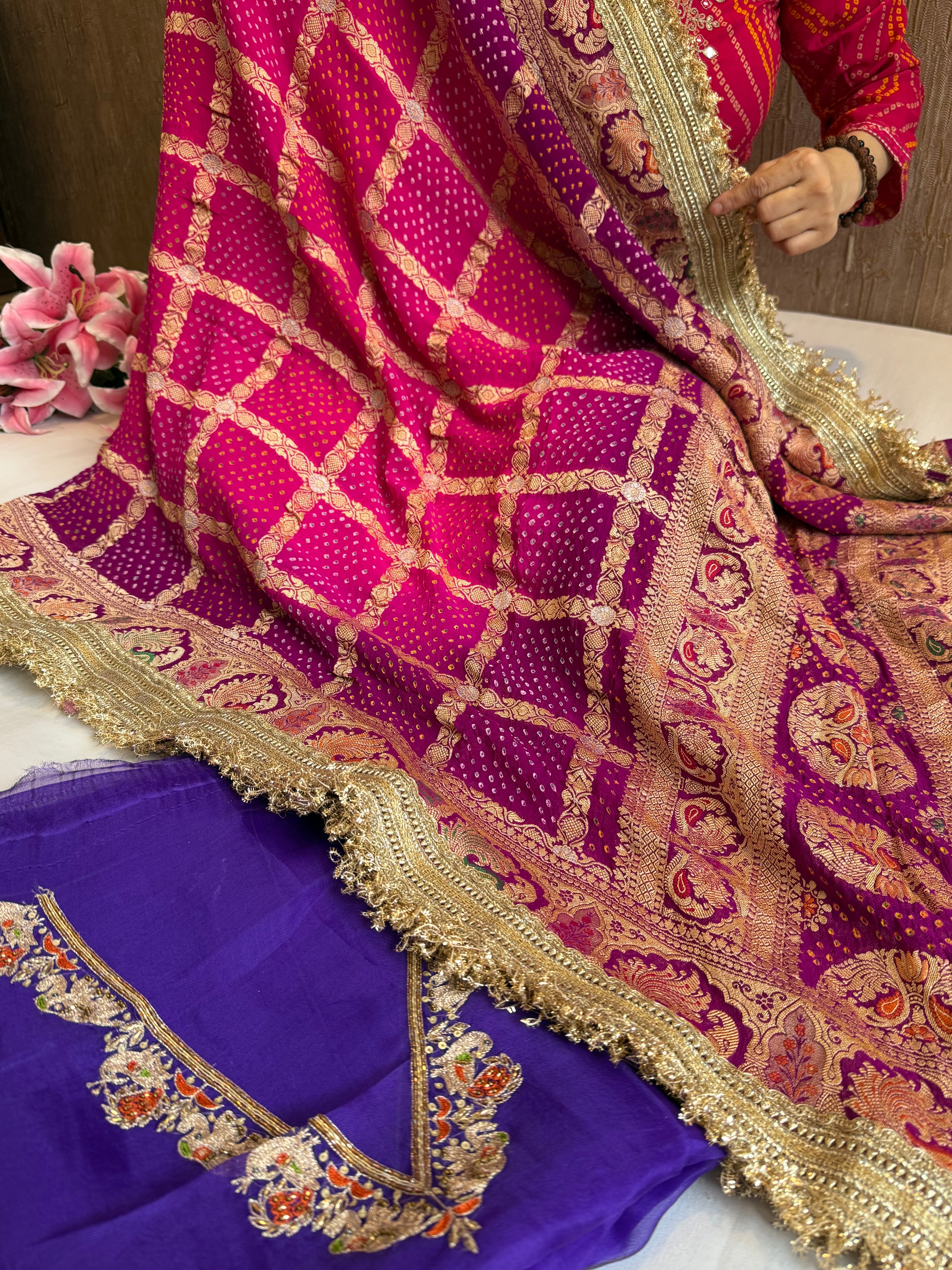 Rai bandhej gorgette kadhwa hand embroidered suit set