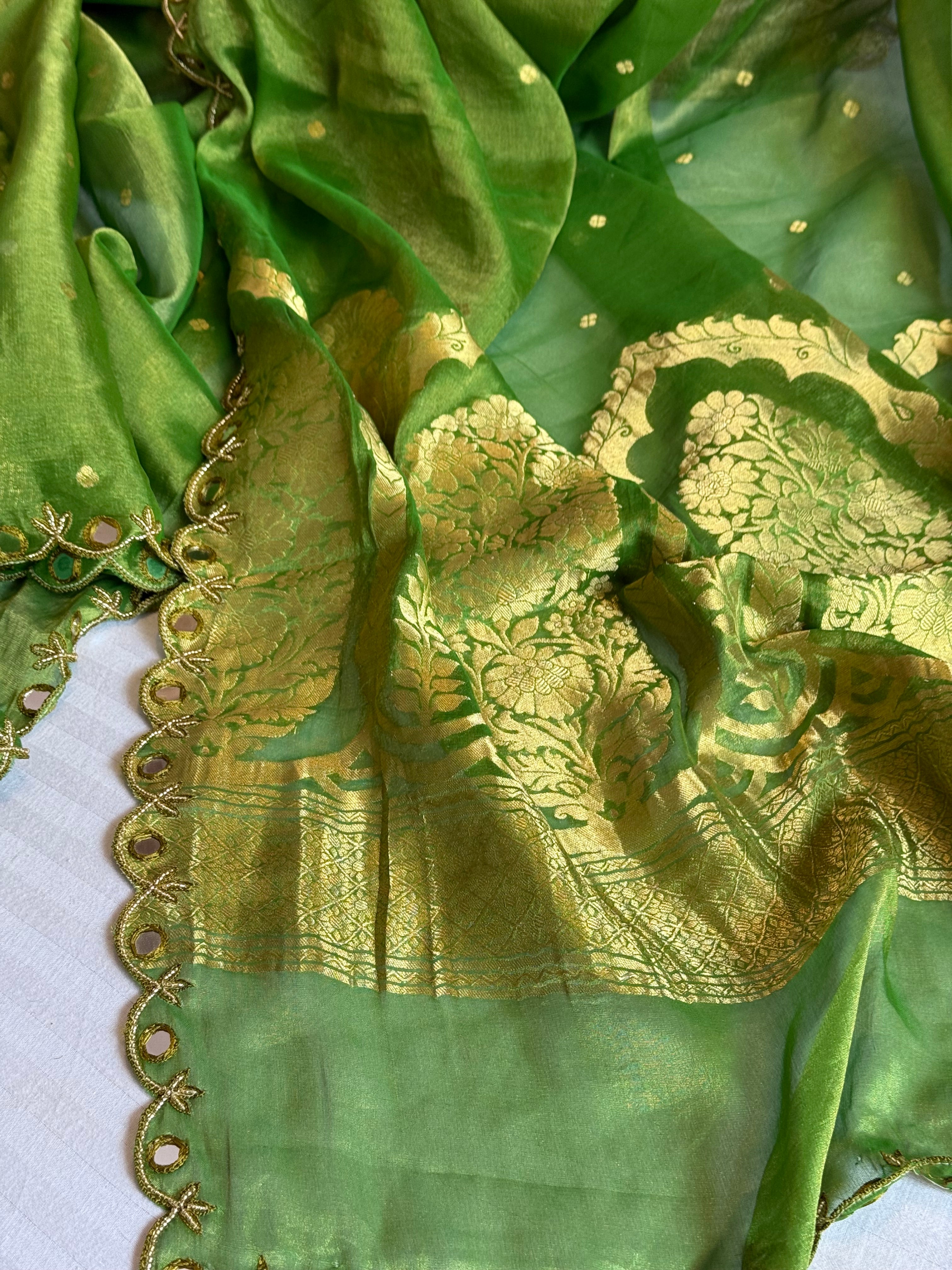 Parrot green tissue gorgette kadhwa mirror hand embroidered saree