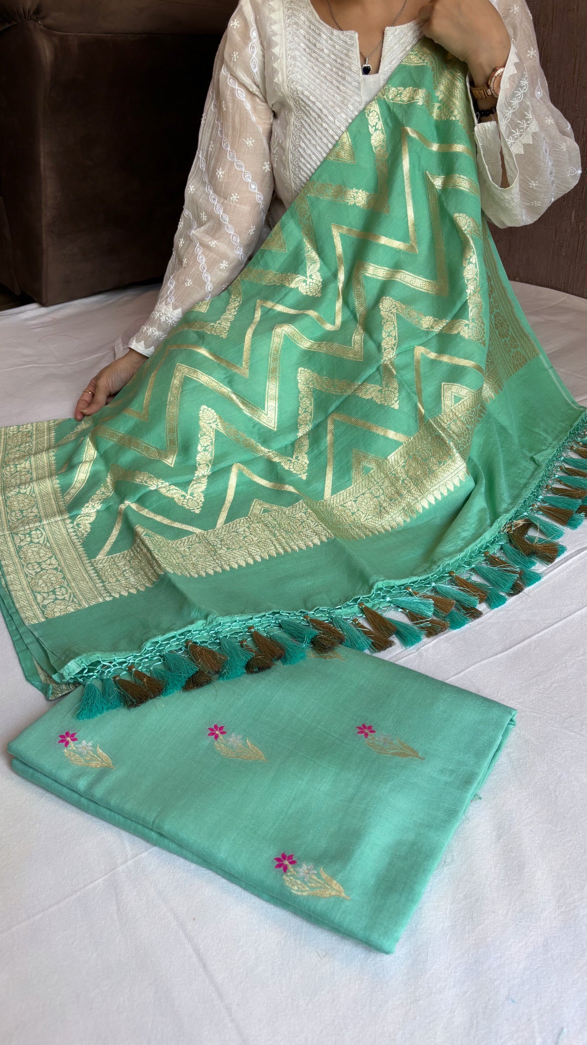 Sea green moonga silk meenedar kadhwa chevron duppata suit set