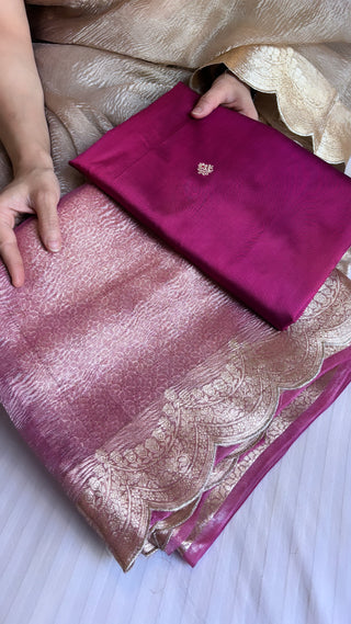 Sunehri cherry pink crushed tissue saree