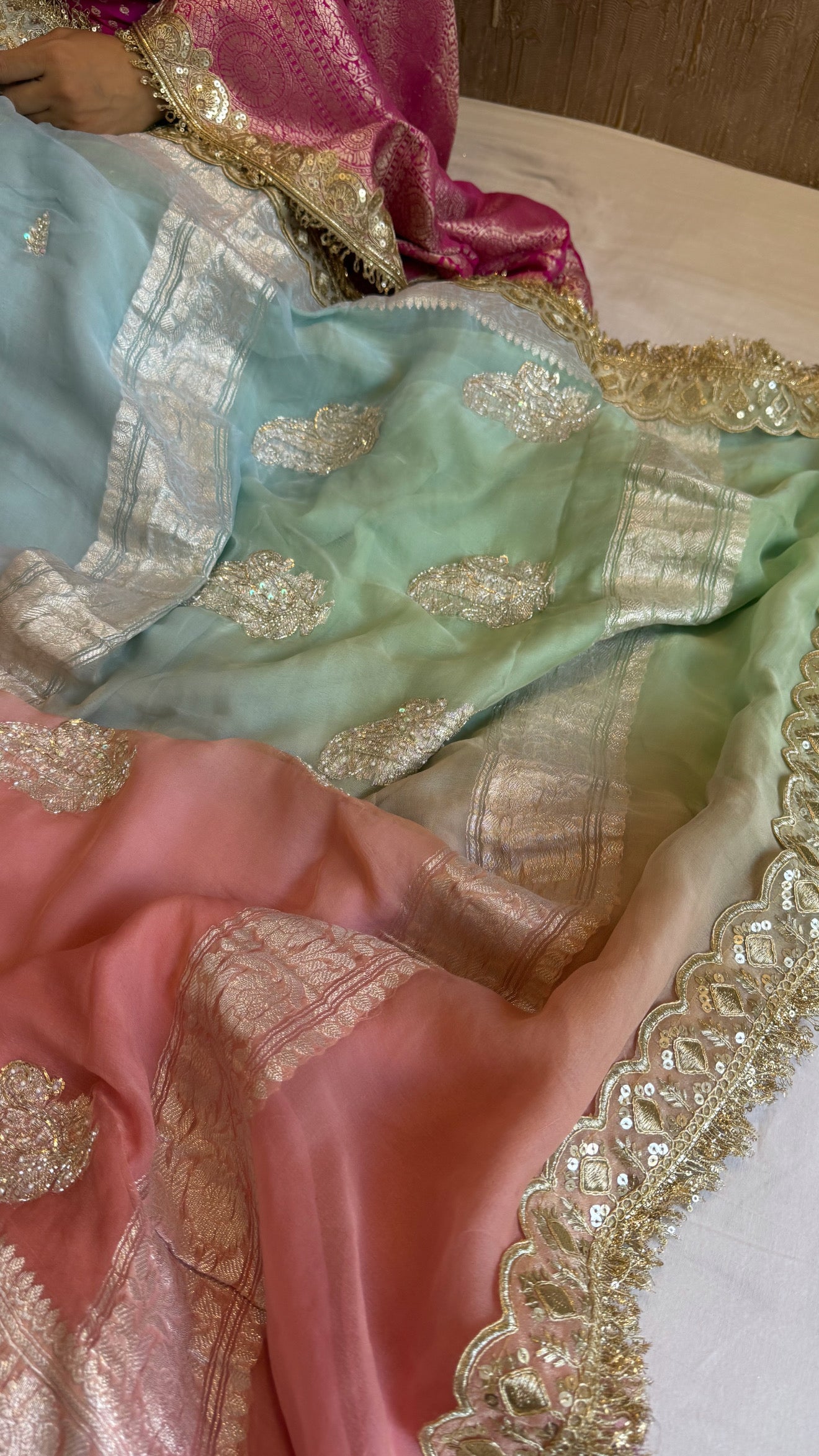 Paro banarasi chiffon gorgette hand embroidered kadhwa saree