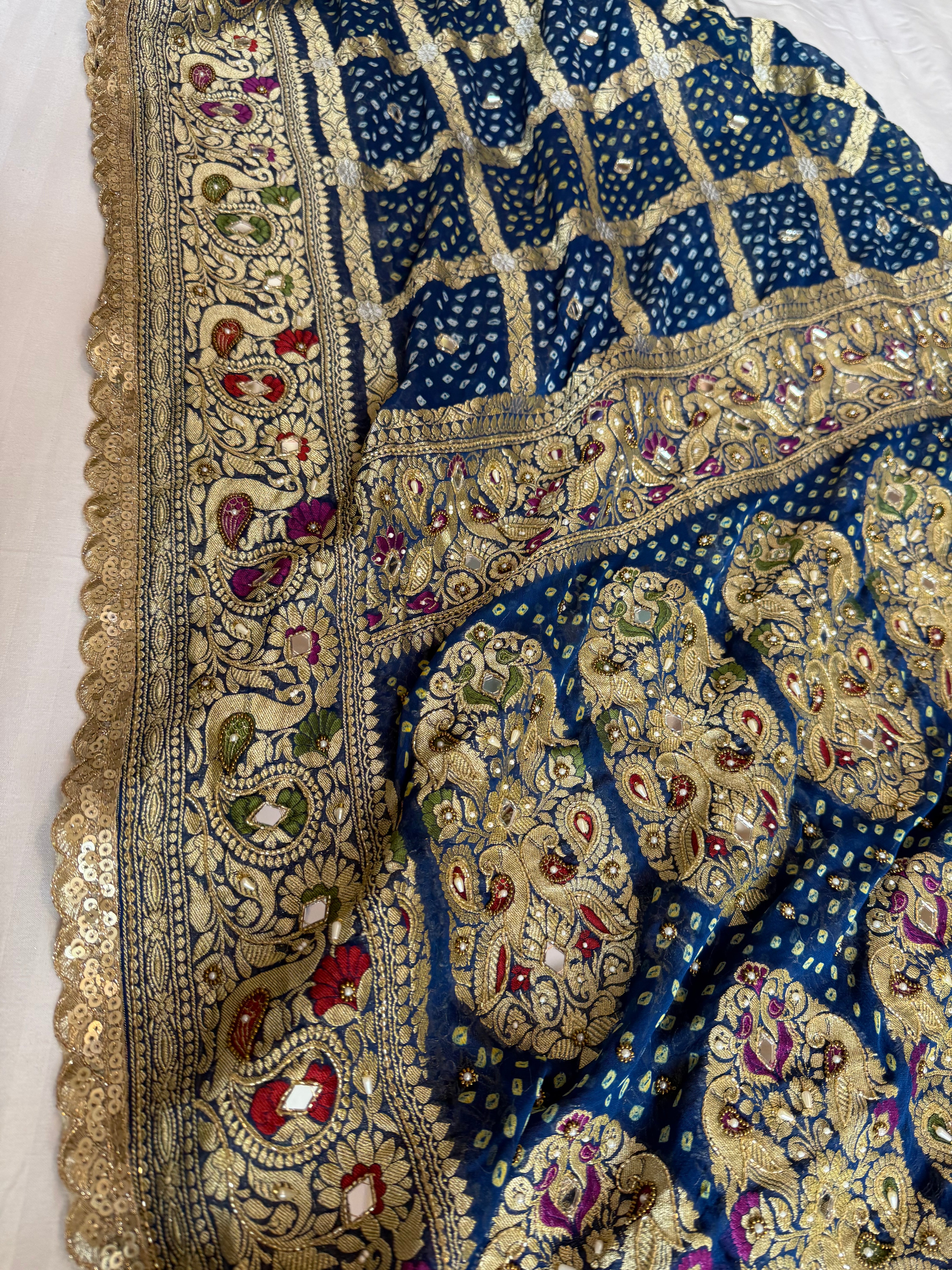 Navy blue banarasi rai chiffon gorgette kadhwa hand embroidered saree