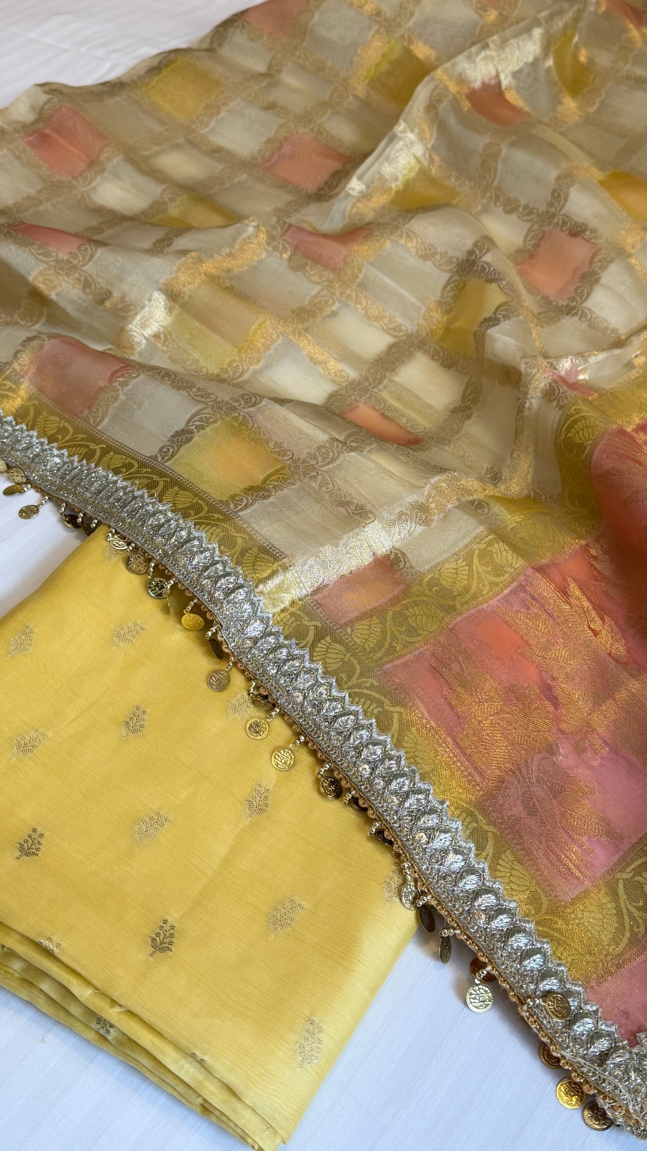 Shades of yellow - Kora silk rangkaat duppata paired with silk kurta