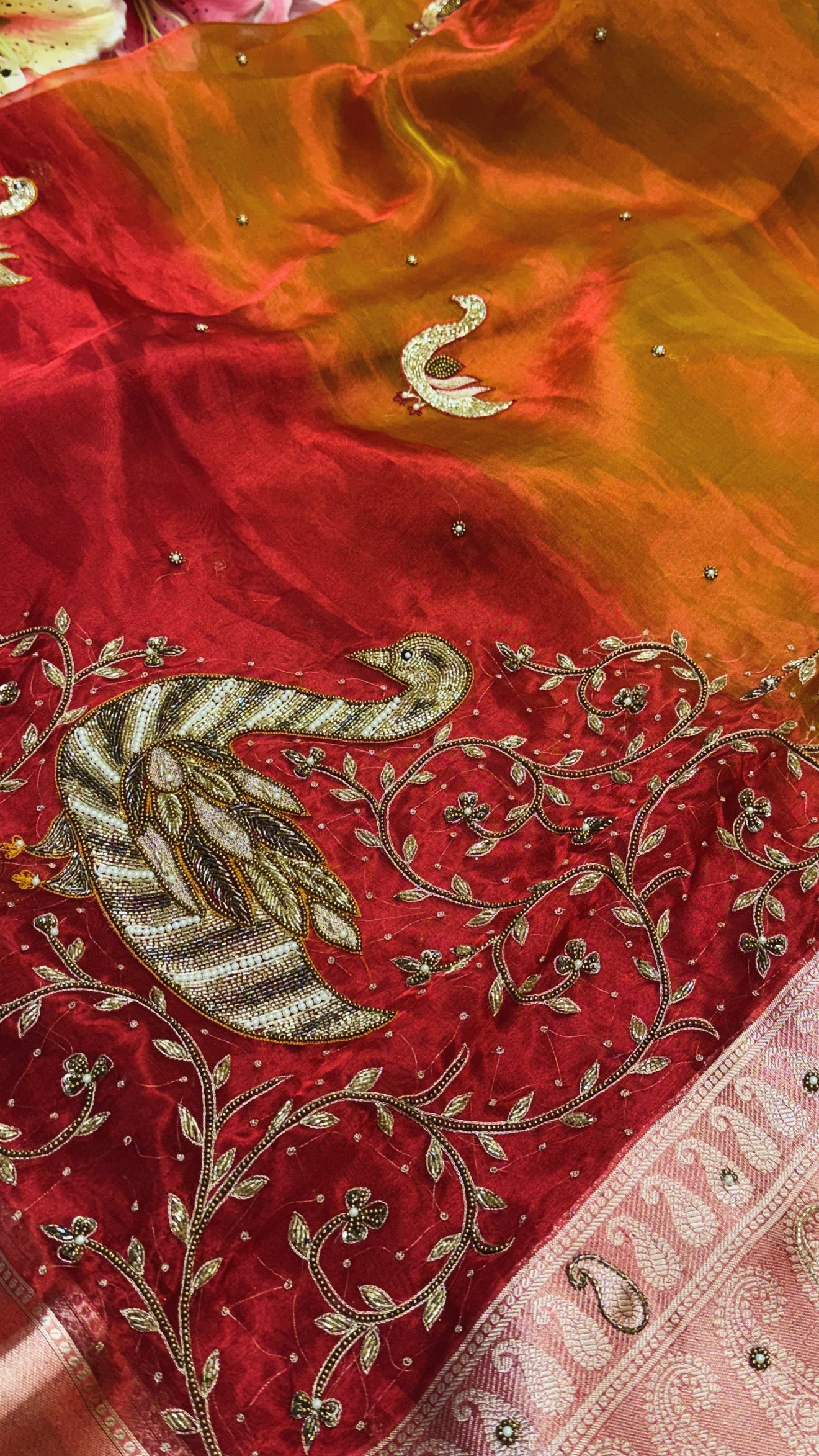 Karwachauth special - Red orange ombre shaded tissue silk duck motif hand embroidered saree