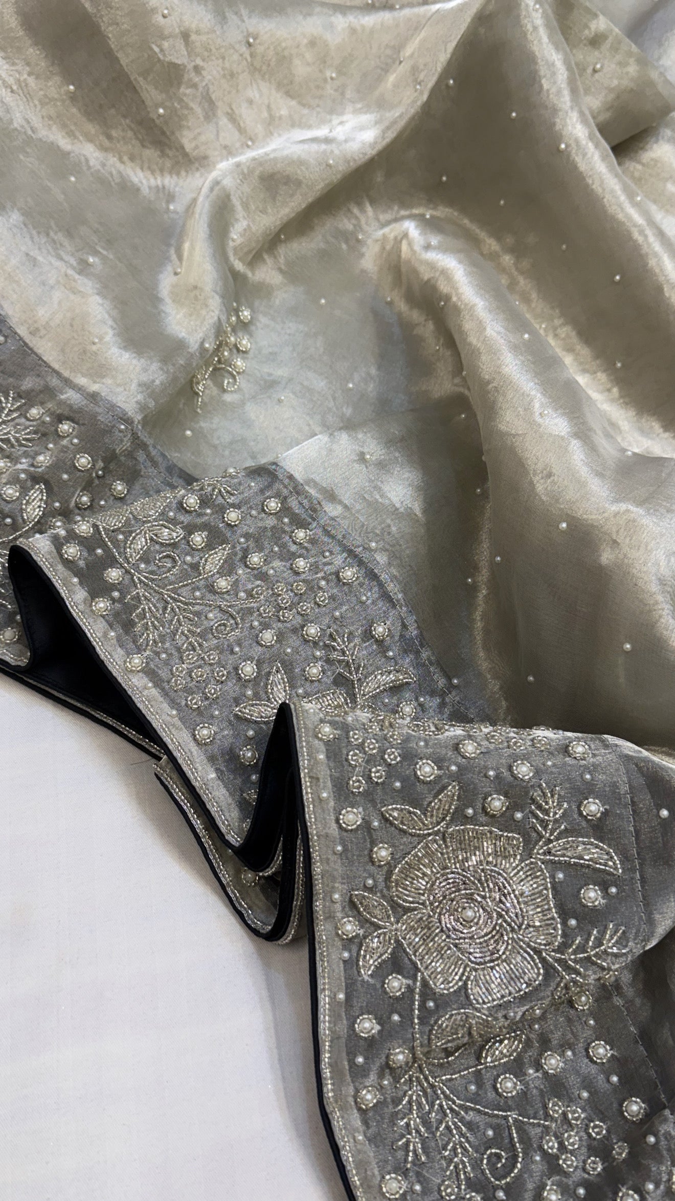 Heere aur moti edit- Ivory diamond tissue silk heavy pearl zardozi work hand embroidered saree