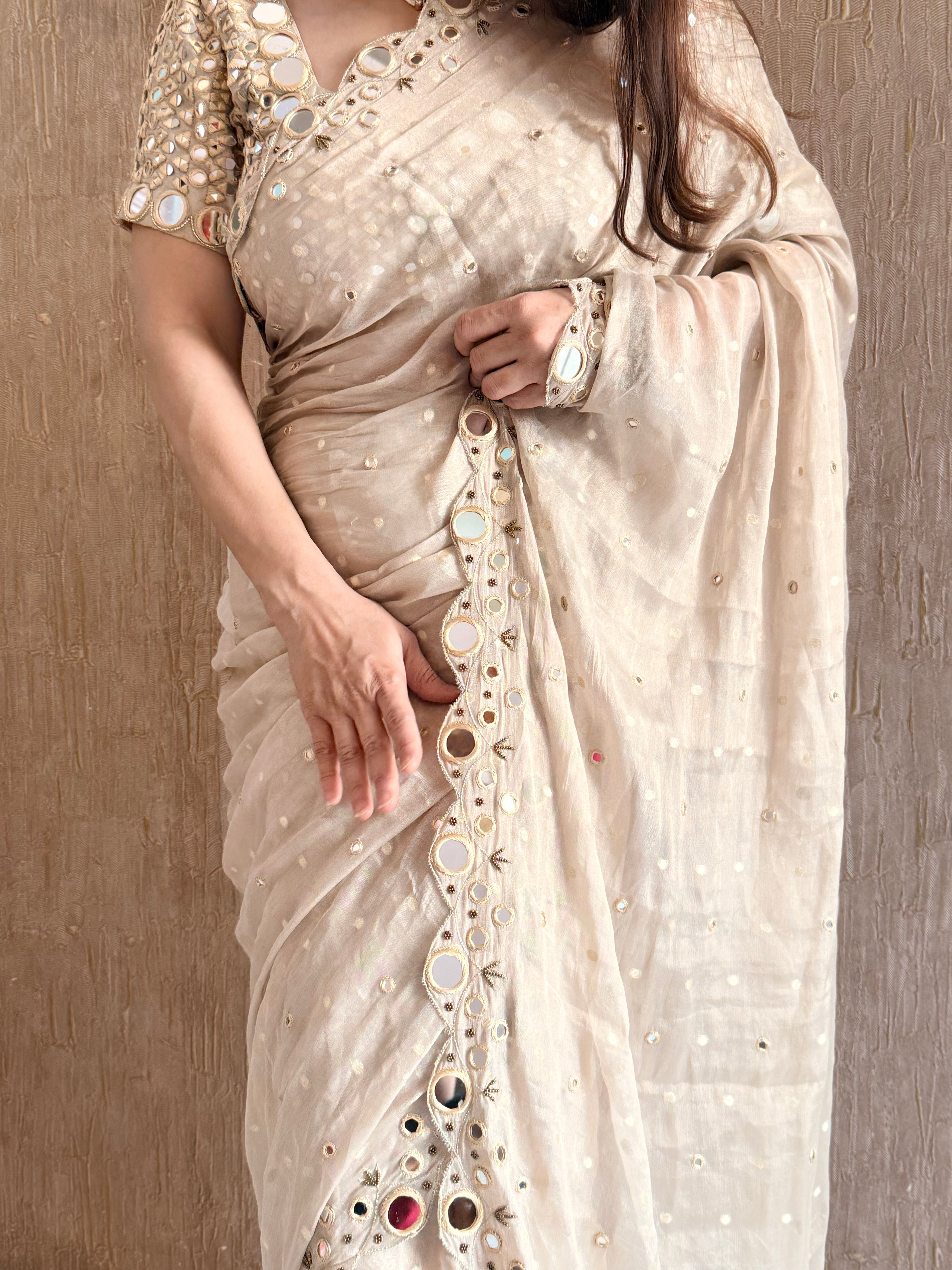 Golden tissue gorgette mirror work hand embroidered kadhwa saree