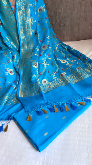 Firozi blue moonga silk meenedar kadhwa jaal suit set