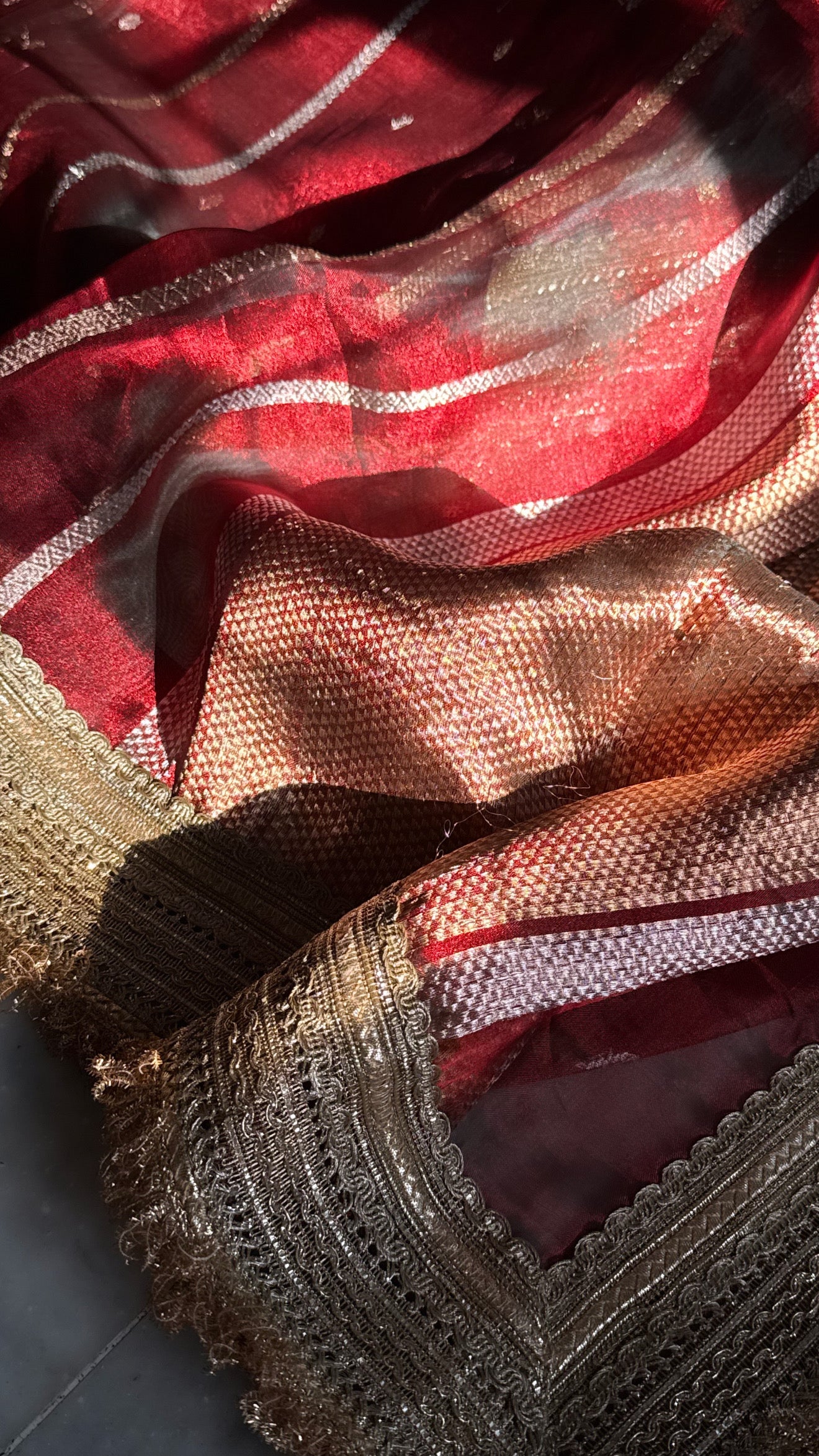Teej special - Crimson red tissue silk striped and buti maharani saree