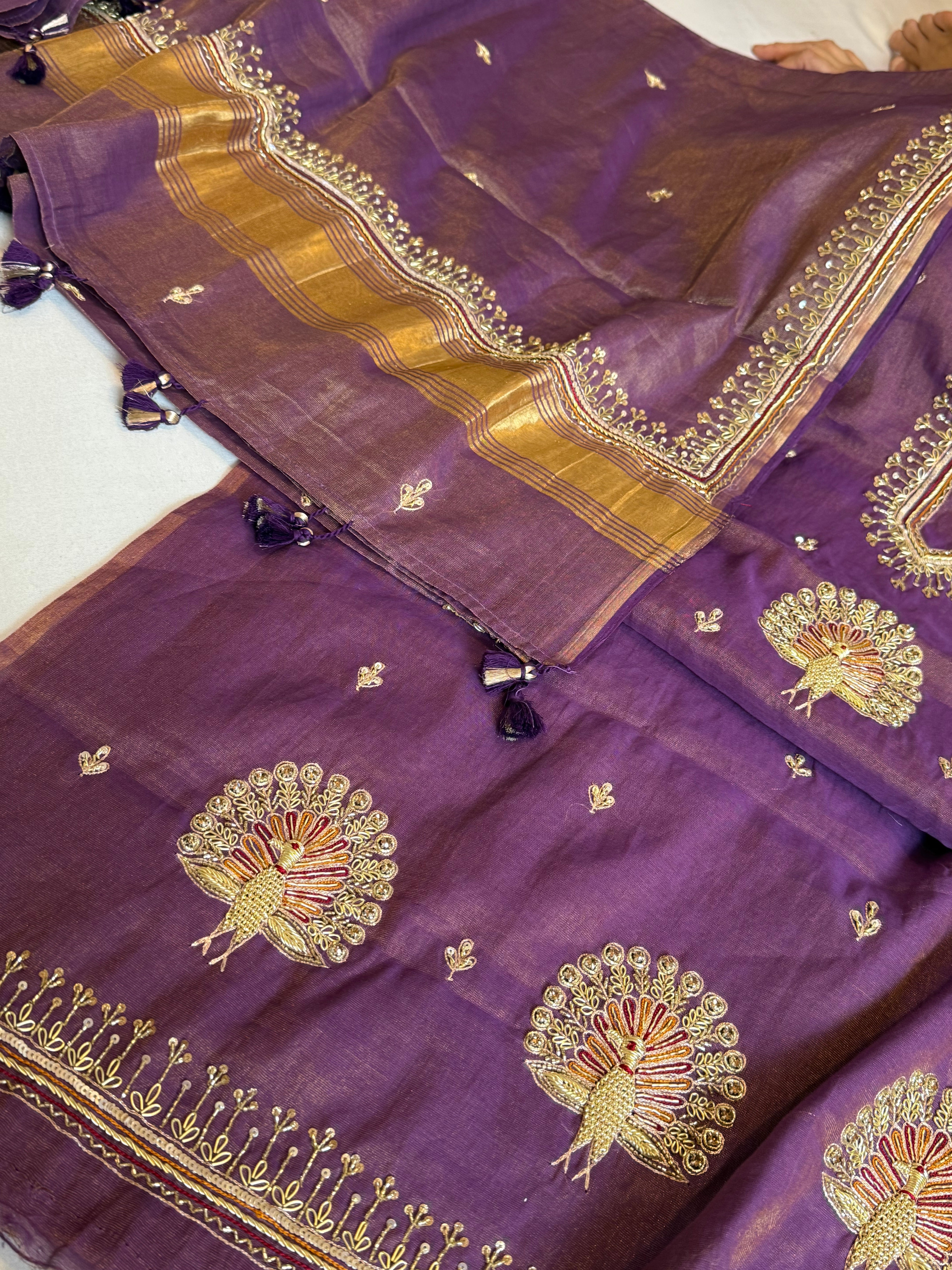 Deep purple mul cotton tissue silk hand embroidered kadhwa suit sets