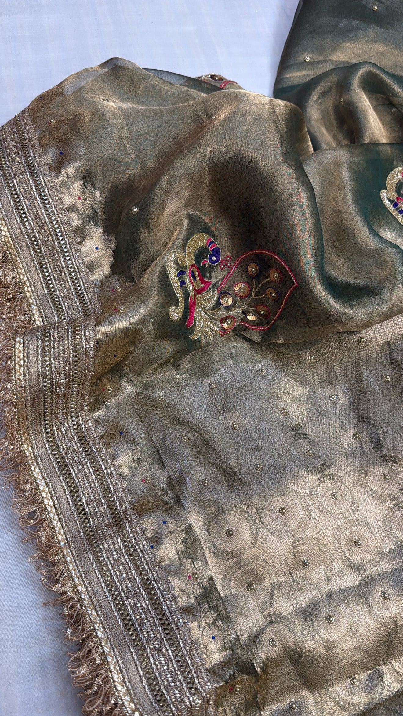 Mint green tissue silk heavy hand embroidered kadhwa saree