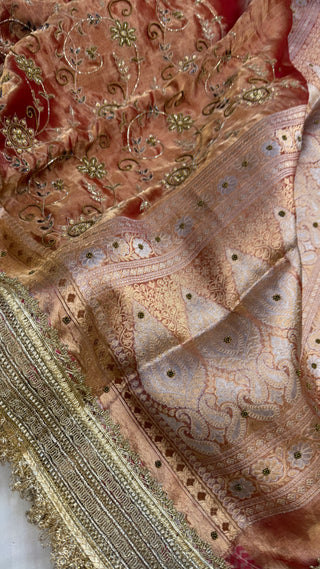 Cocktail edit sarees - Tangerine red tissue silk heavy hand embroidered saree