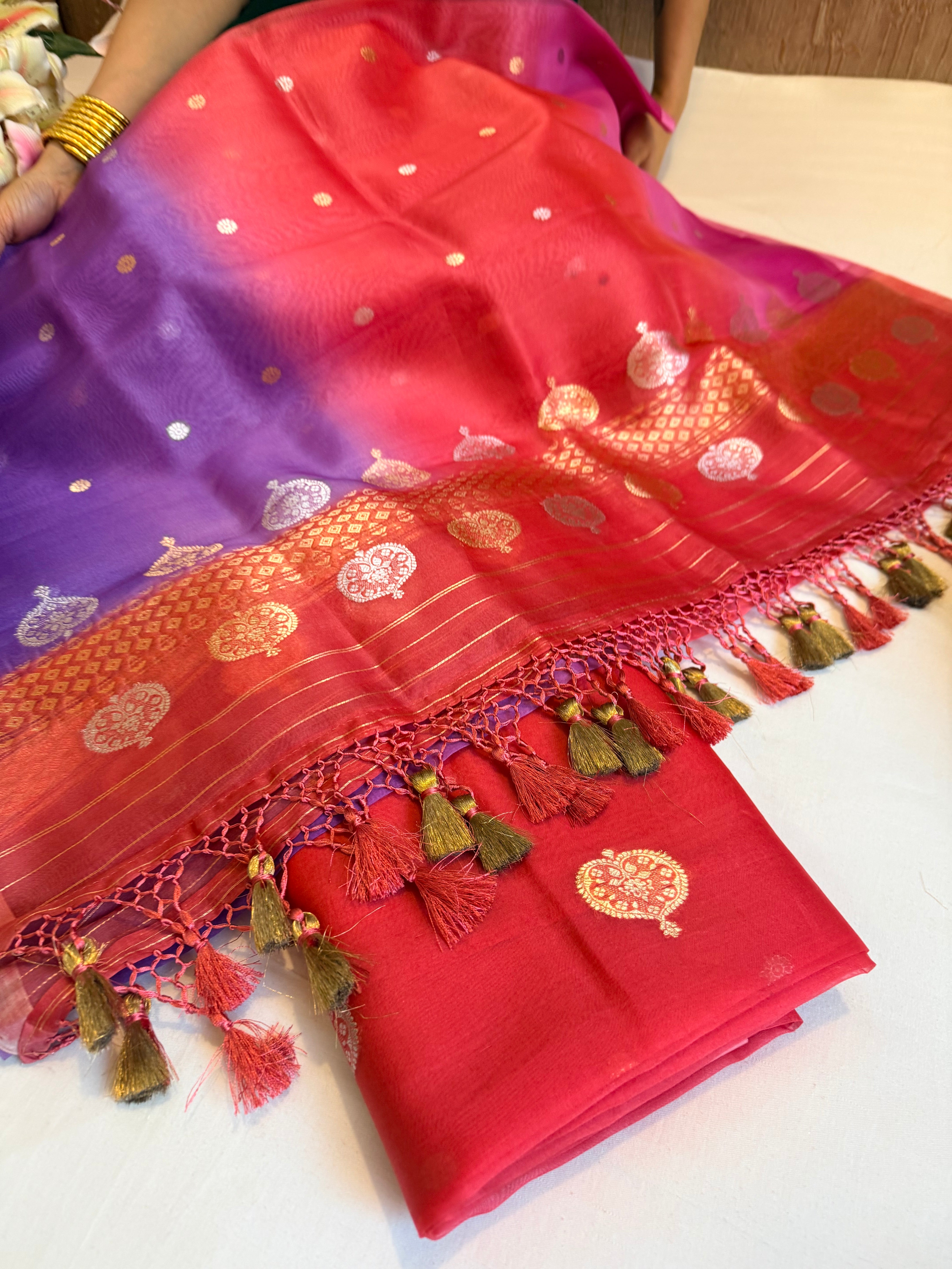 Banarasi kora silk kadhwa ombre shaded suit set