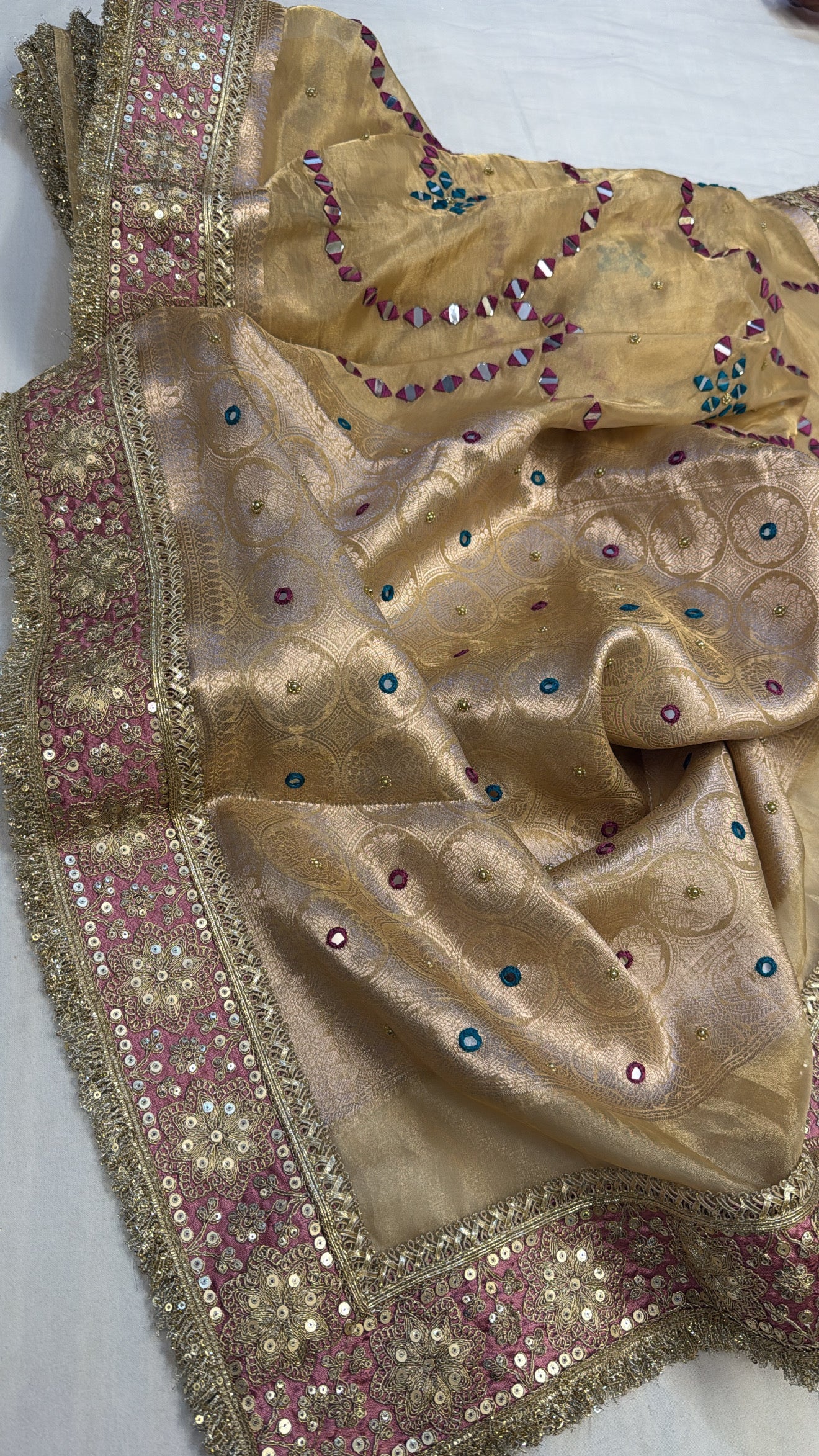 Golden kutchi mirror work hand embroidered husn tissue silk saree