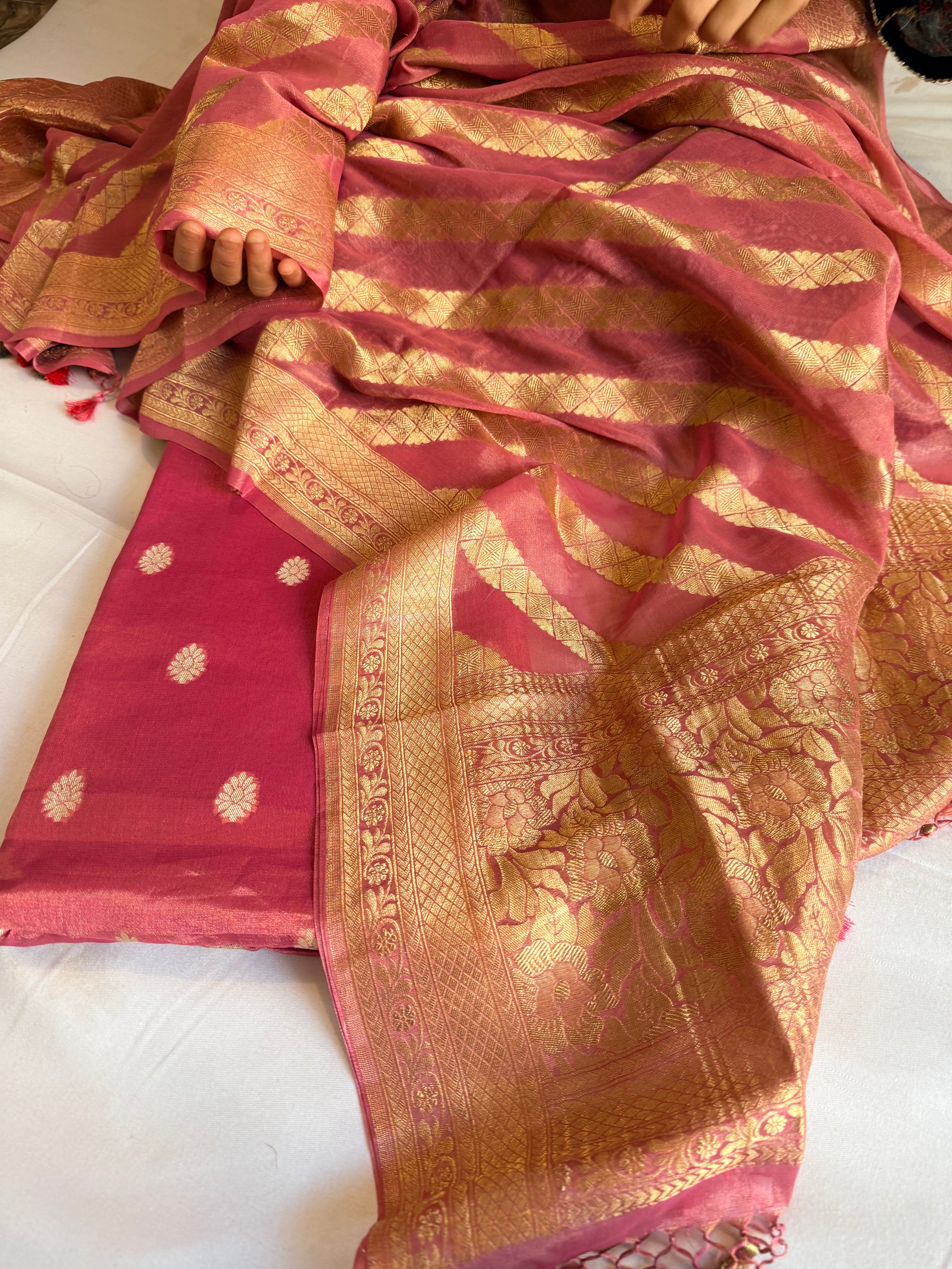 Cranberry pink tissue gorgette kadhwa banarasi suit set