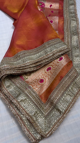 Maharani peachish-orange tissue tanchoi jamevar meenakari saree