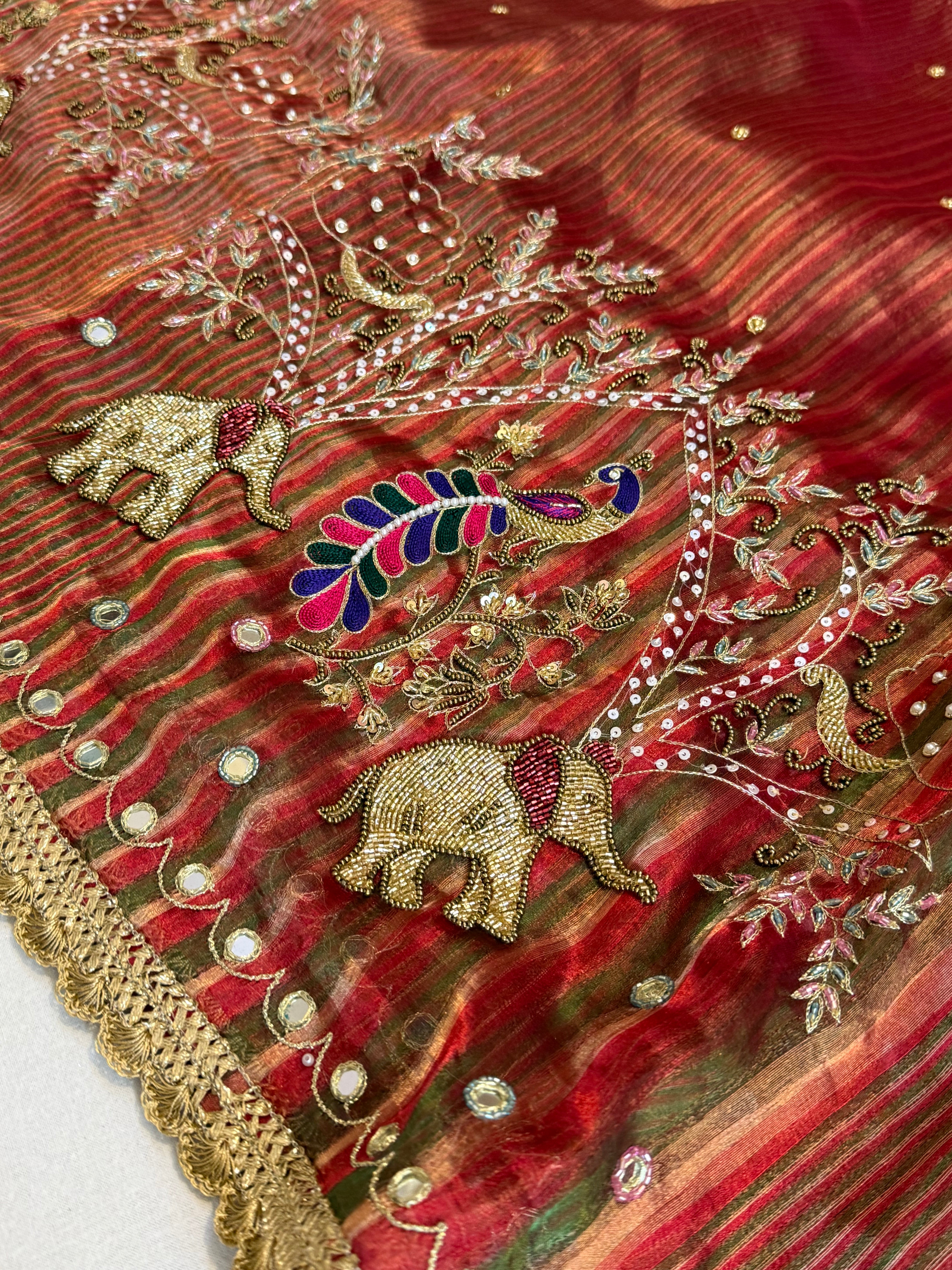 Hathi ghoda palki wali saree - Husn tissue silk hand embroidered saree